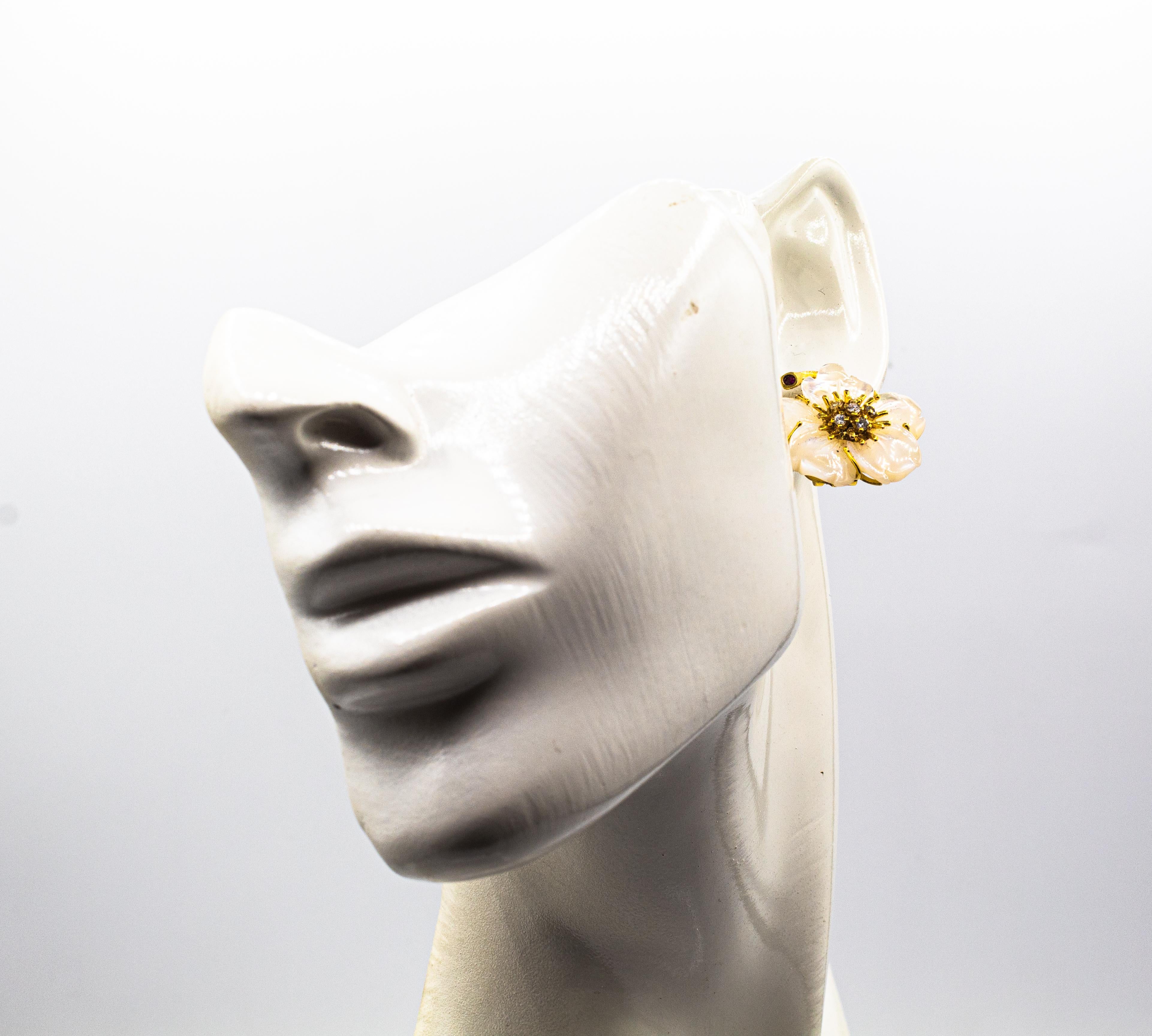 Art Nouveau Pendientes Flores Diamante Blanco Rubí Madreperla Oro Amarillo 6