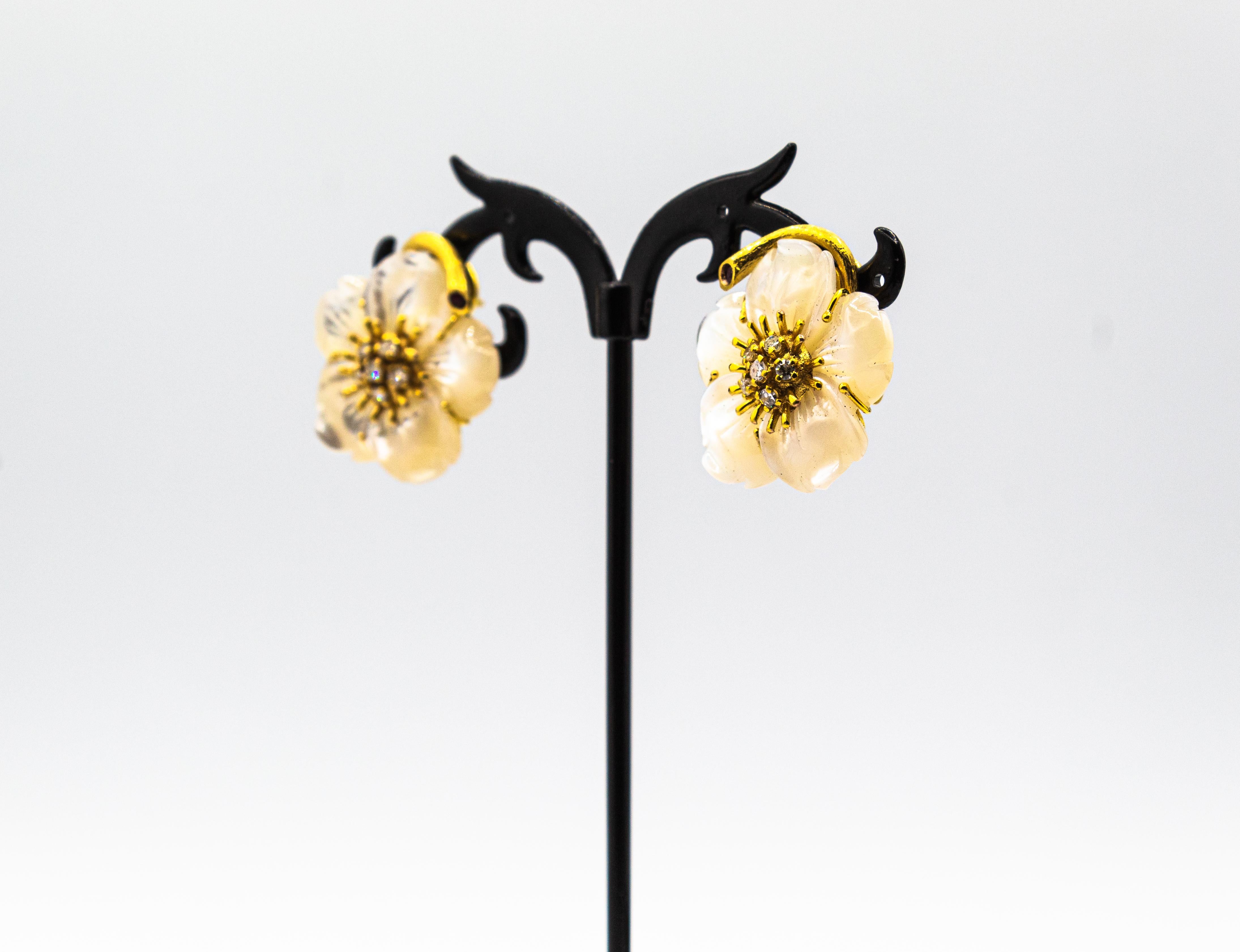 Femenino o masculino Art Nouveau Pendientes Flores Diamante Blanco Rubí Madreperla Oro Amarillo