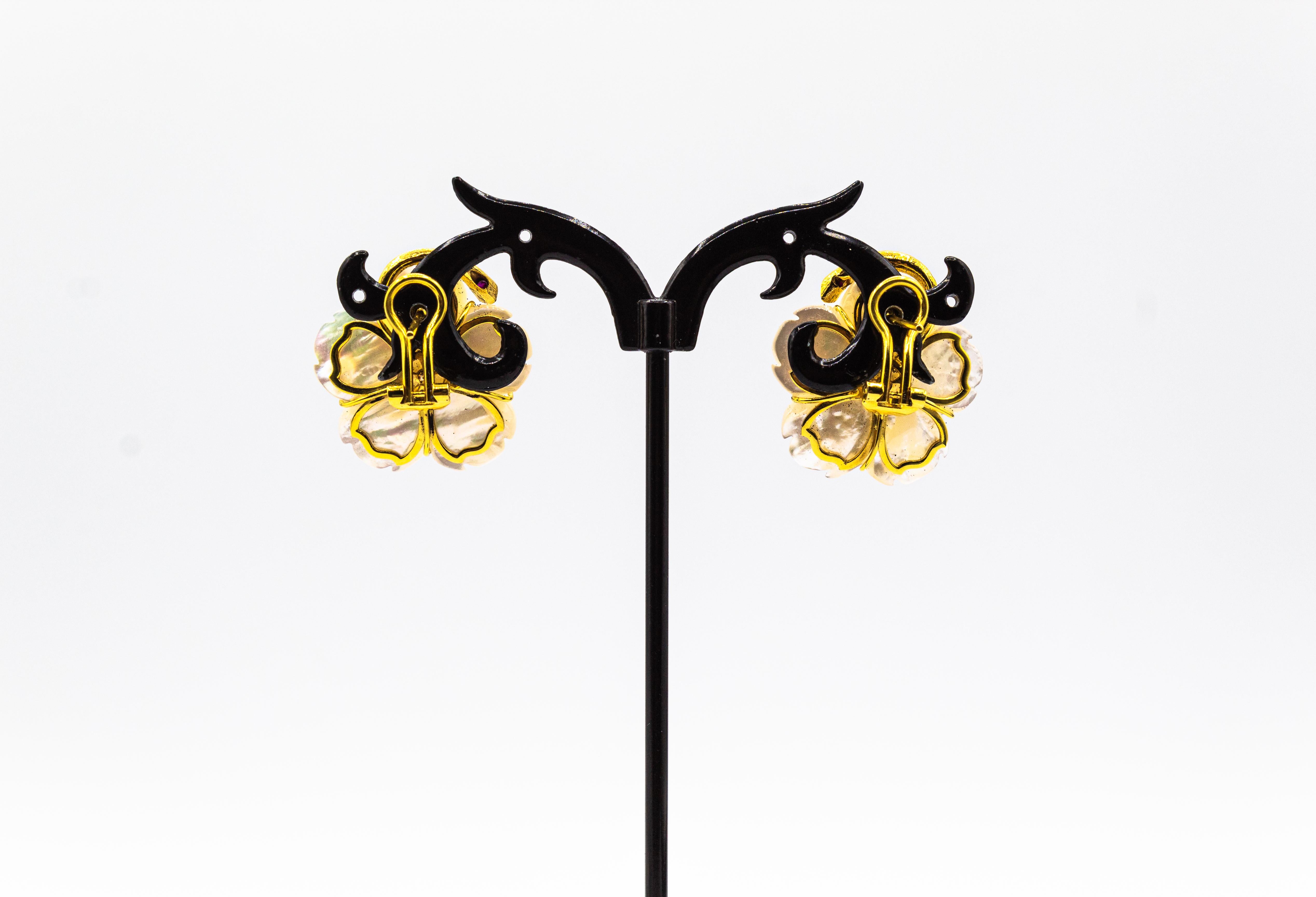 Art Nouveau Pendientes Flores Diamante Blanco Rubí Madreperla Oro Amarillo 1