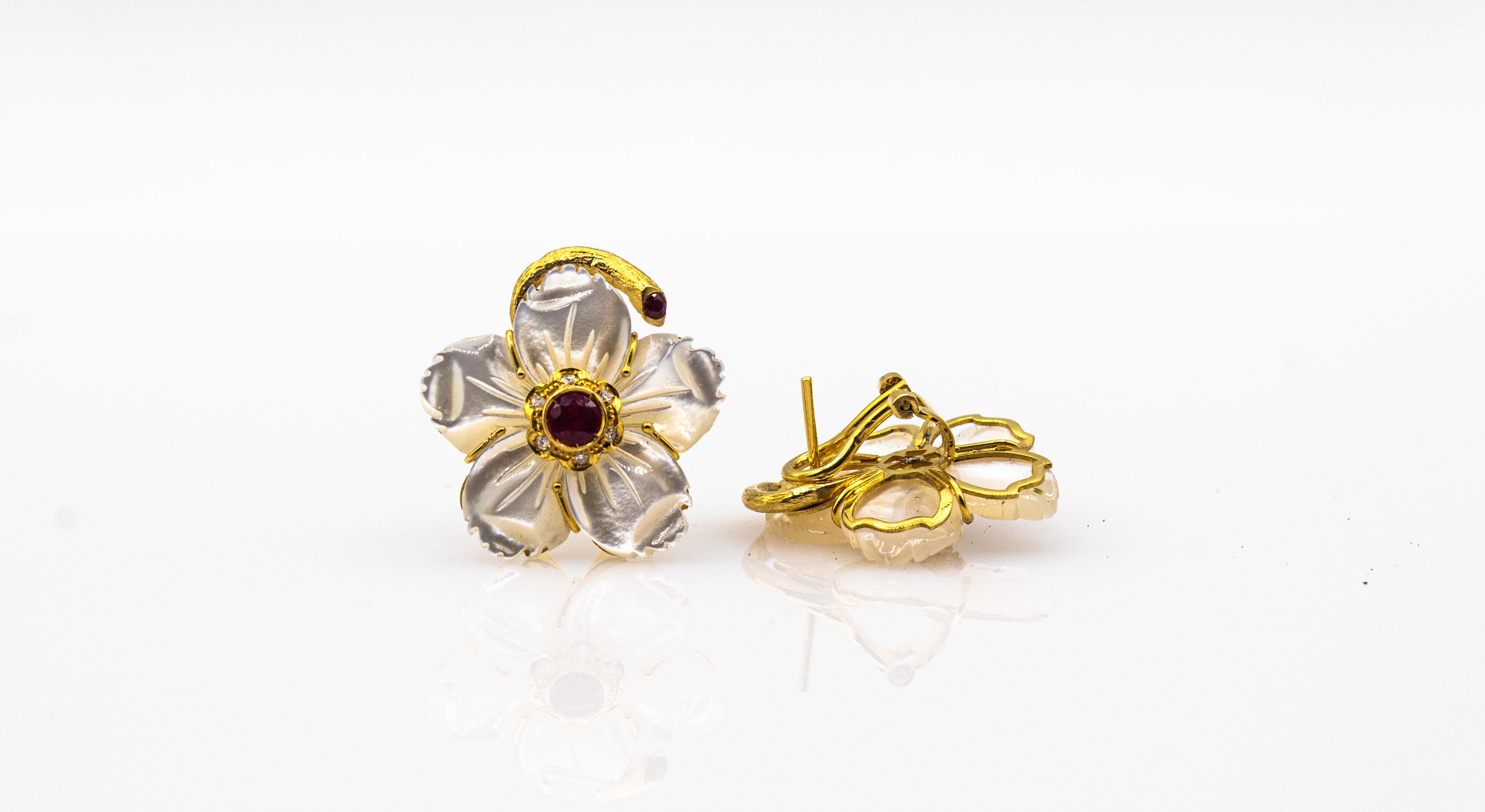 Art Nouveau White Diamond Ruby Mother of Pearl Yellow Gold Flowers Earrings For Sale 1