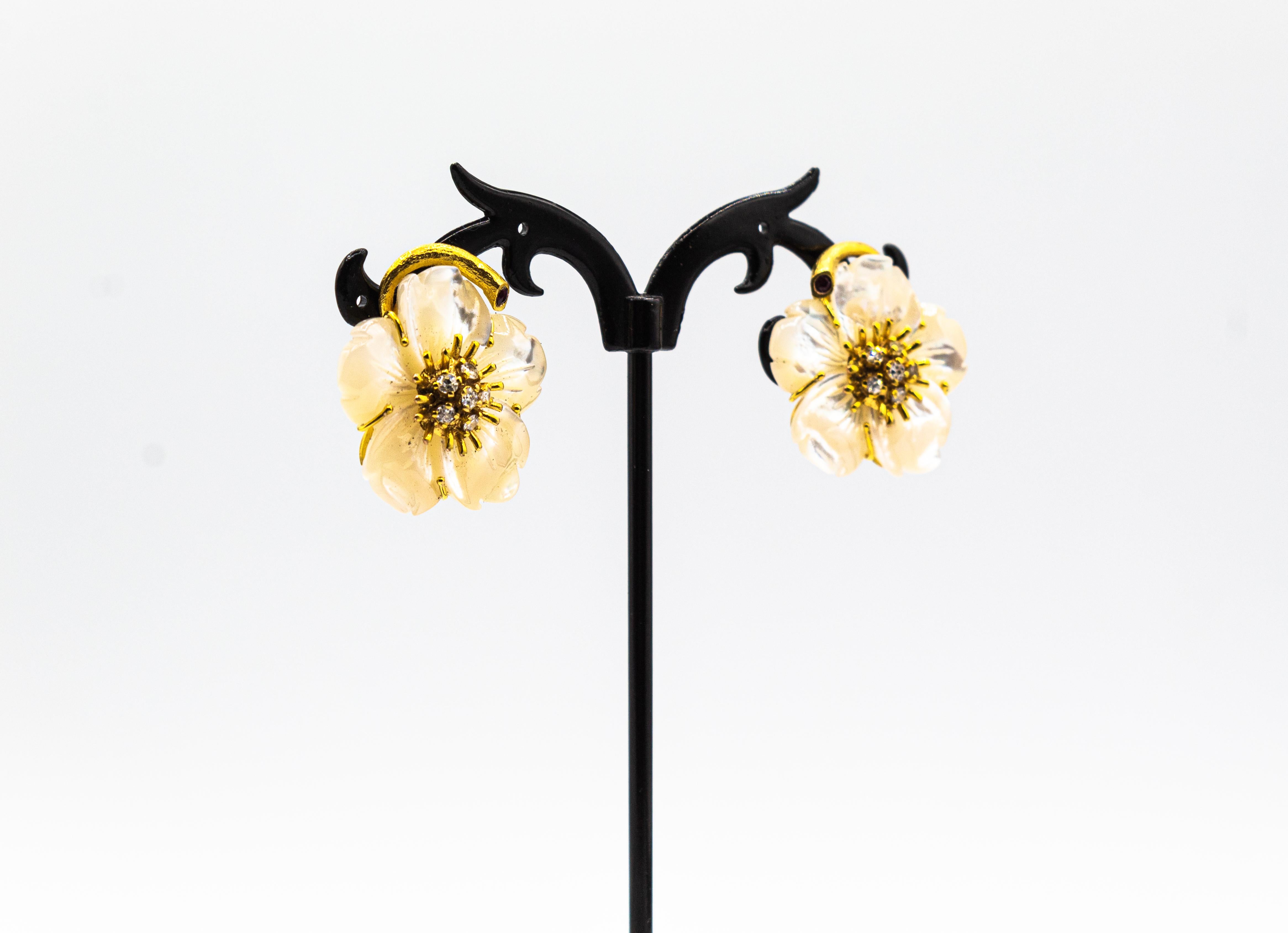 Art Nouveau Pendientes Flores Diamante Blanco Rubí Madreperla Oro Amarillo 2