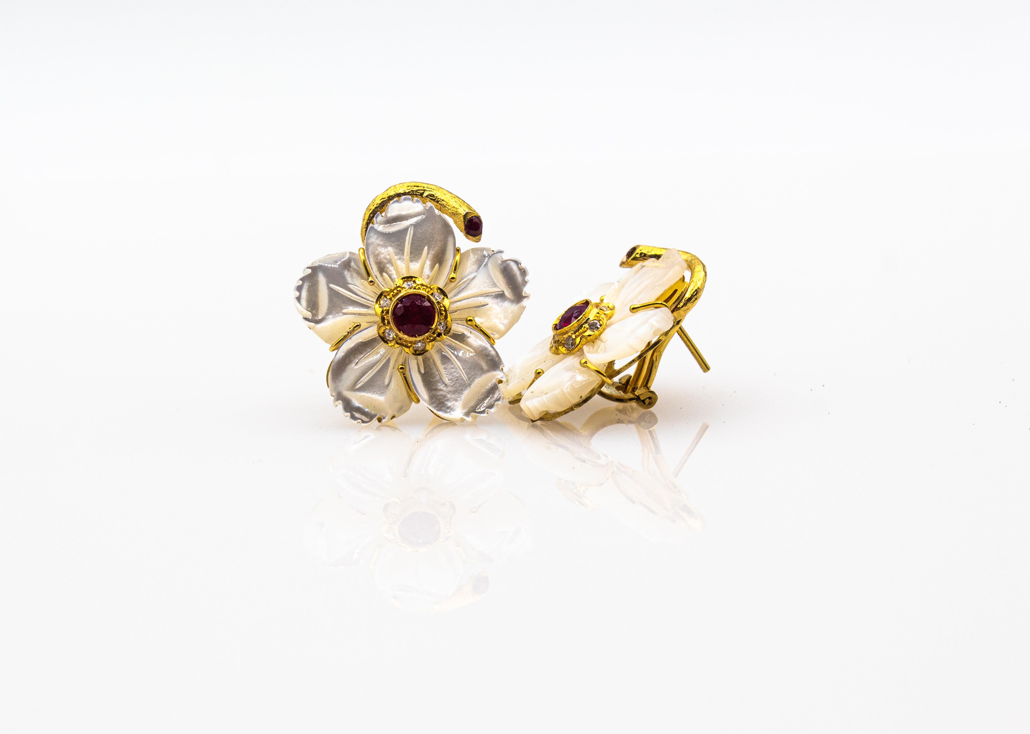 Art Nouveau White Diamond Ruby Mother of Pearl Yellow Gold Flowers Earrings For Sale 2
