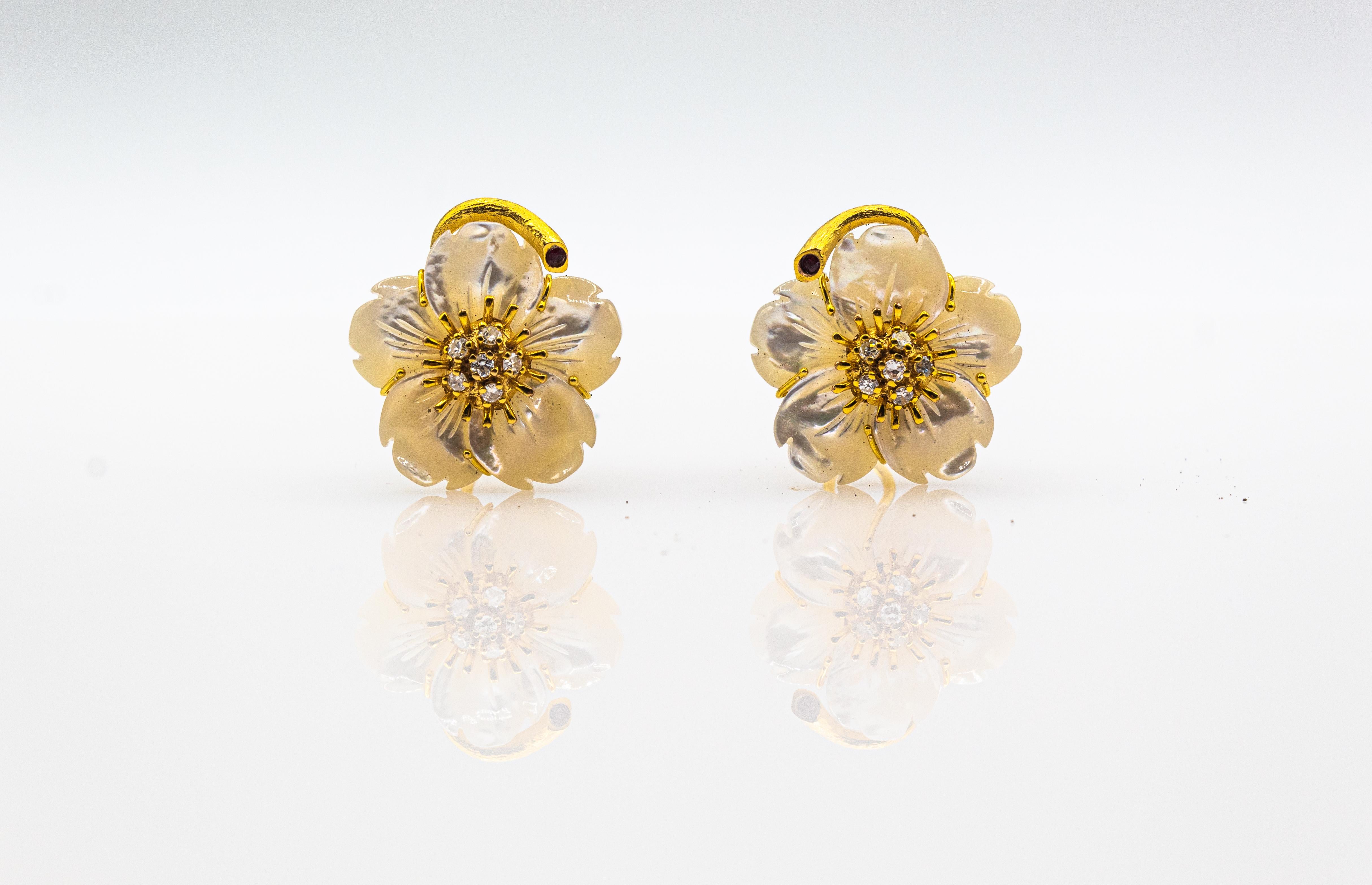 Art Nouveau Pendientes Flores Diamante Blanco Rubí Madreperla Oro Amarillo 3