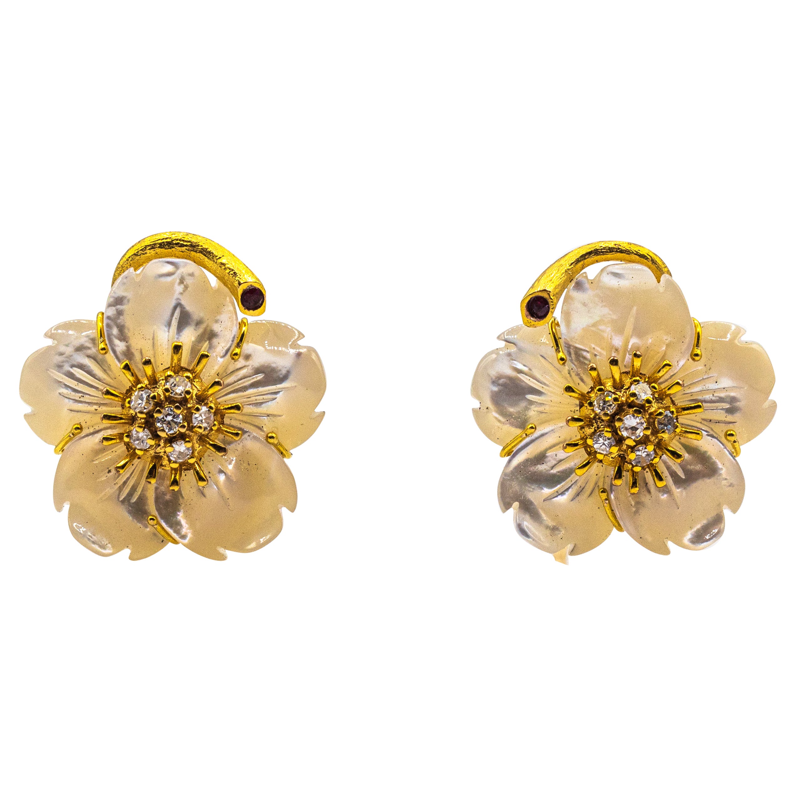 Art Nouveau White Diamond Ruby Mother of Pearl Yellow Gold Flowers Earrings