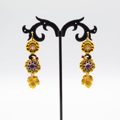 Art Nouveau White Diamond Ruby Pink Tourmaline Yellow Gold "Flowers" Earrings