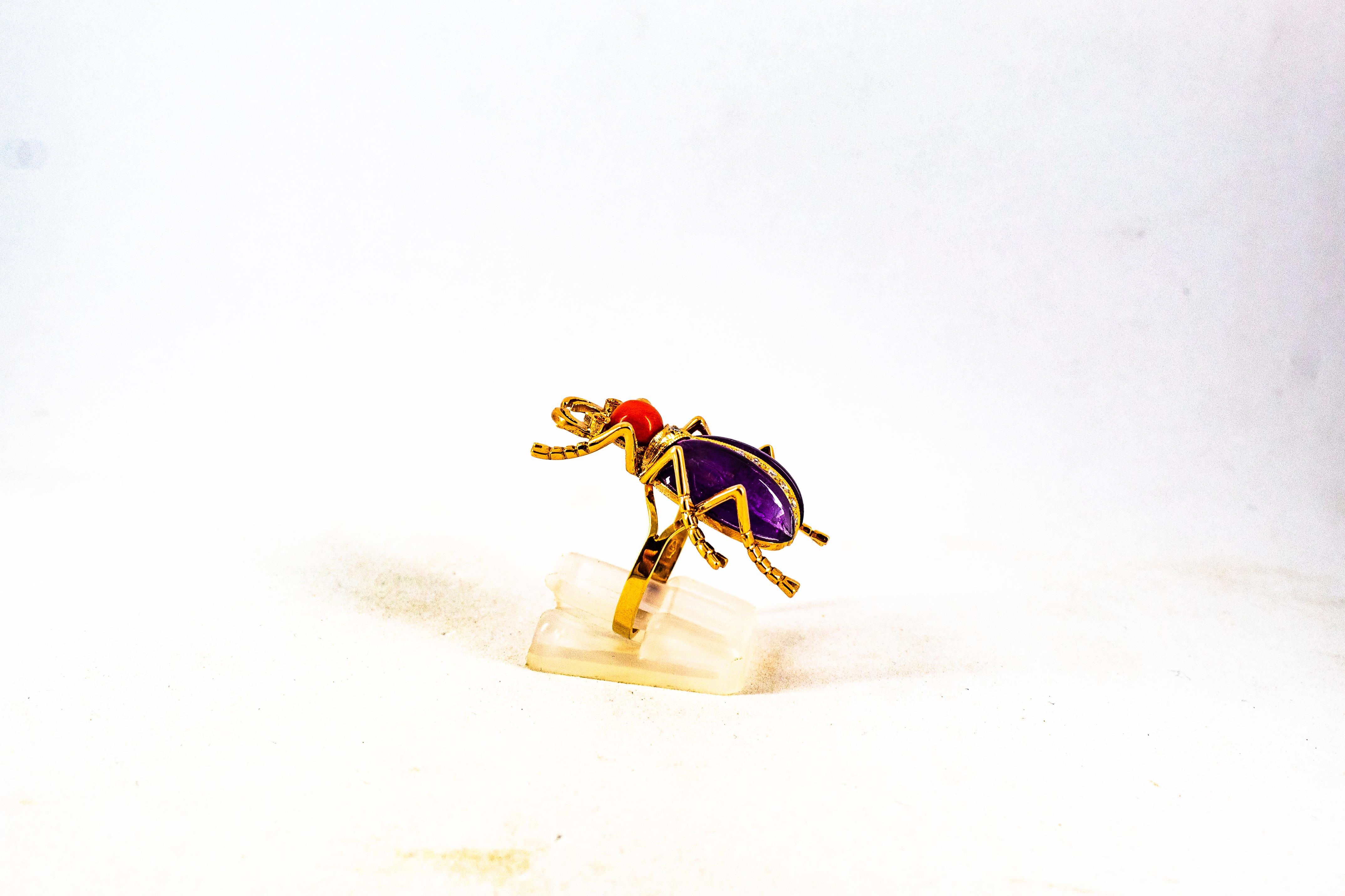 Jugendstil-Cocktailring, weißer Diamant, Rubin, roter Koralle, Amethyst, Gelbgold im Angebot 4