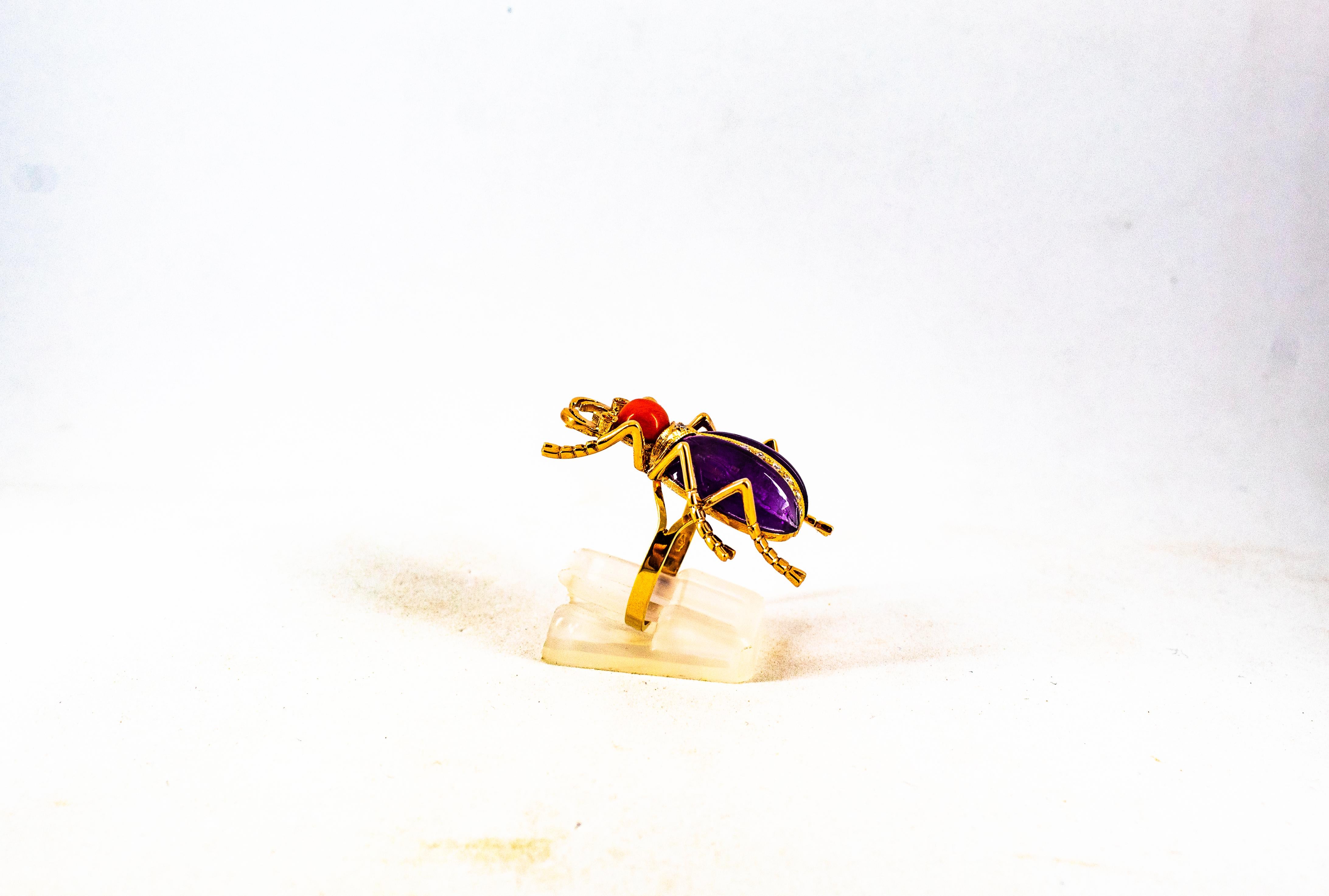 Jugendstil-Cocktailring, weißer Diamant, Rubin, roter Koralle, Amethyst, Gelbgold im Angebot 5