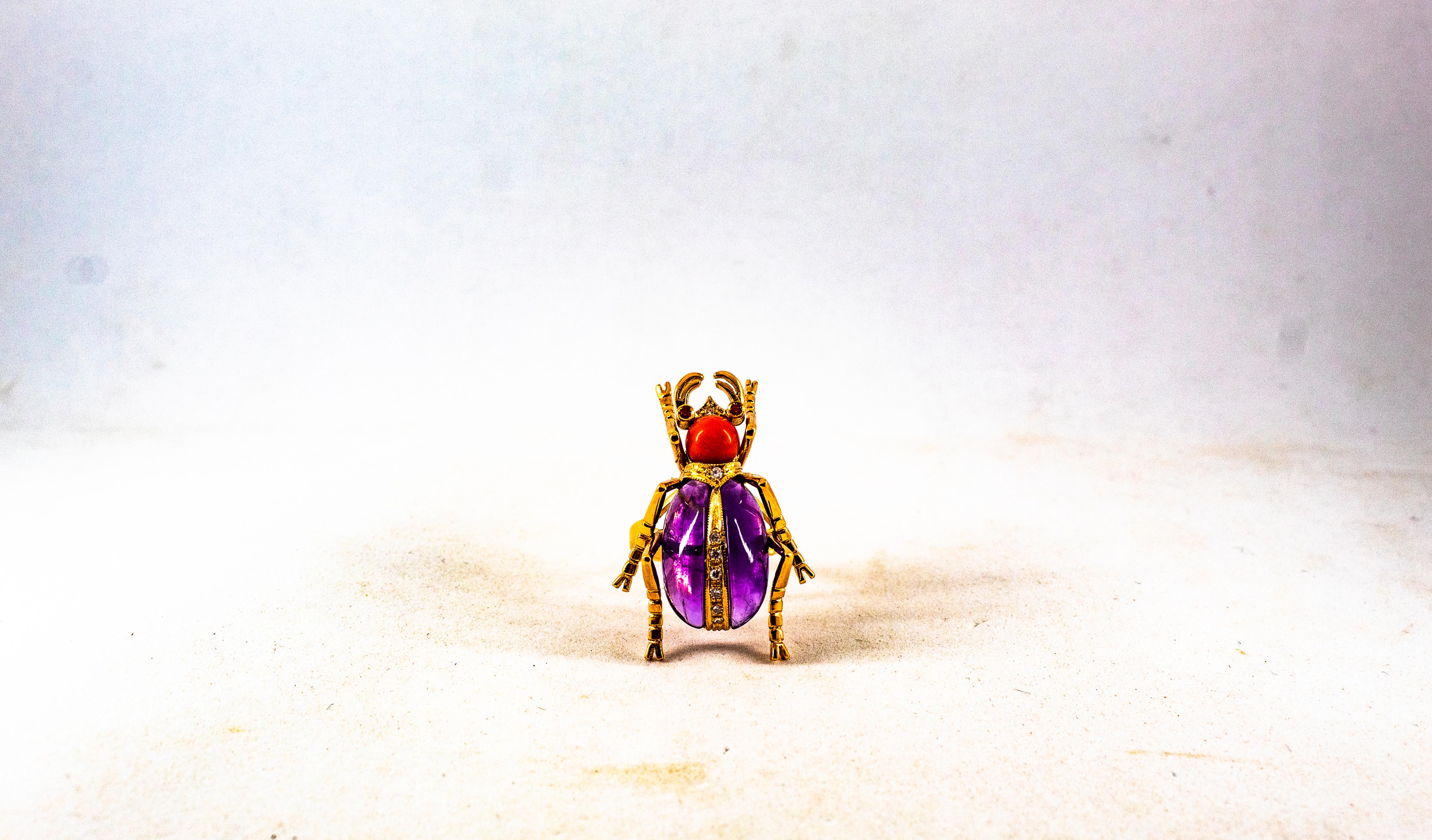 Art Nouveau White Diamond Ruby Red Coral Amethyst Yellow Gold Cocktail Ring For Sale 7