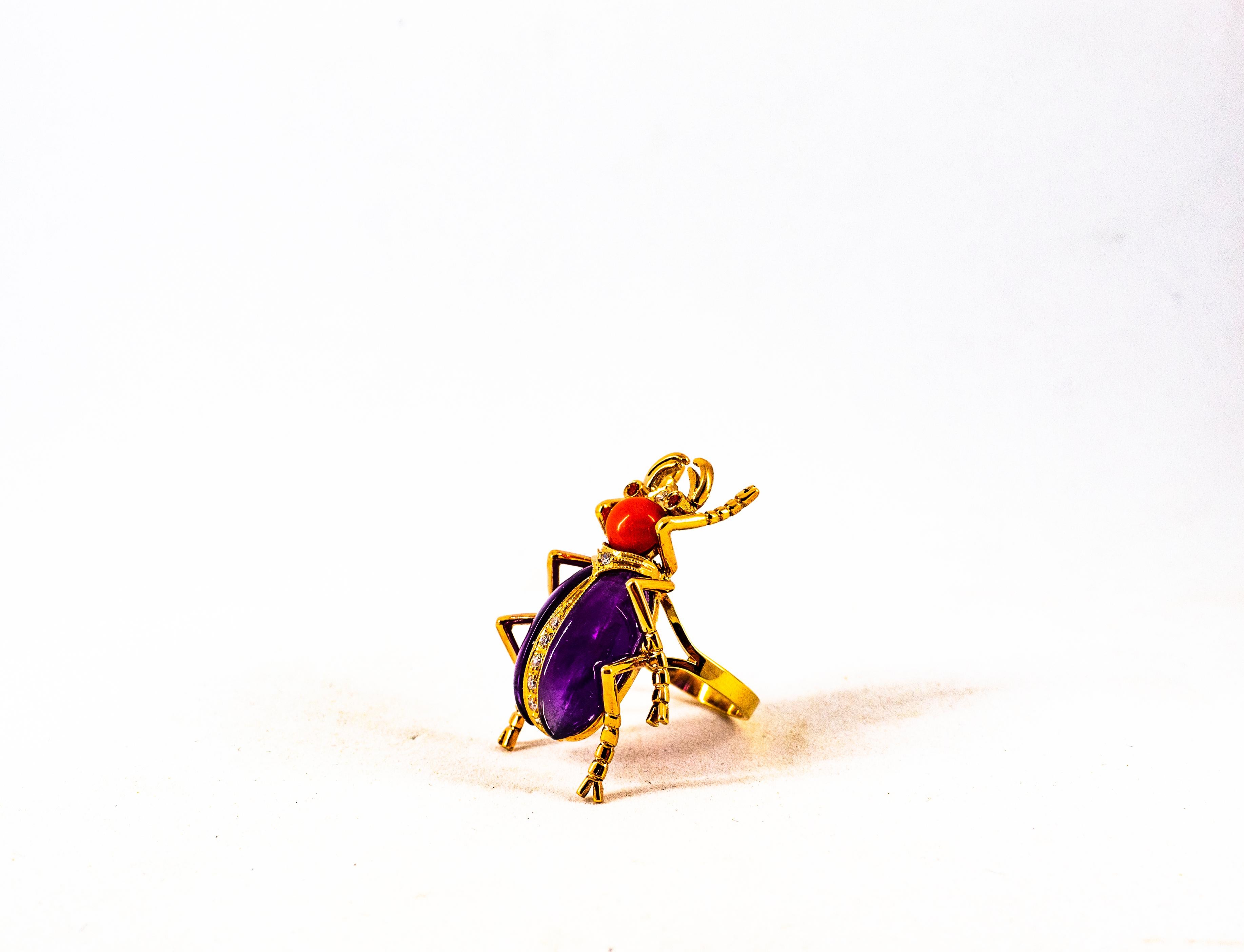 Jugendstil-Cocktailring, weißer Diamant, Rubin, roter Koralle, Amethyst, Gelbgold im Angebot 7