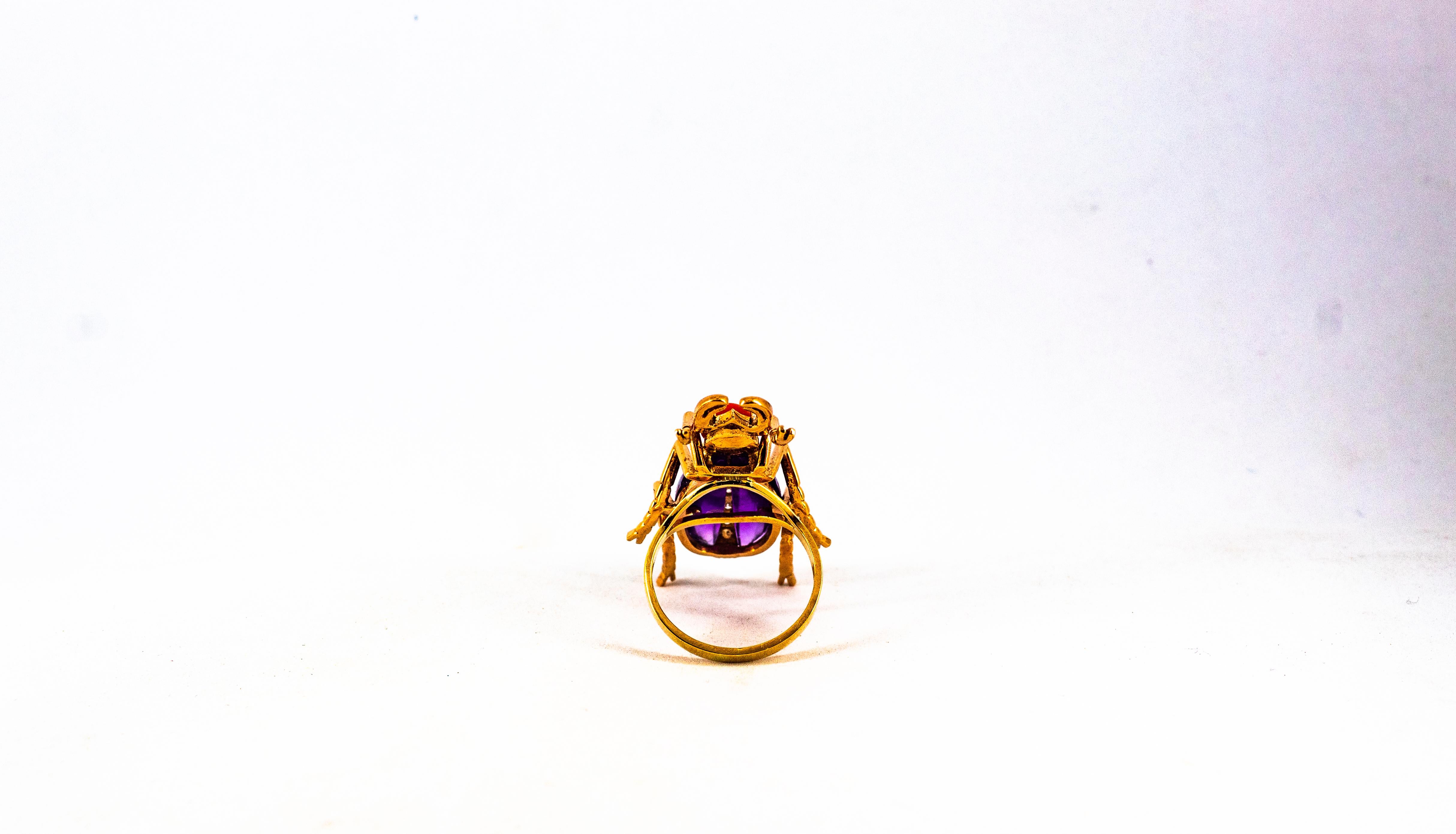 Art Nouveau White Diamond Ruby Red Coral Amethyst Yellow Gold Cocktail Ring For Sale 9