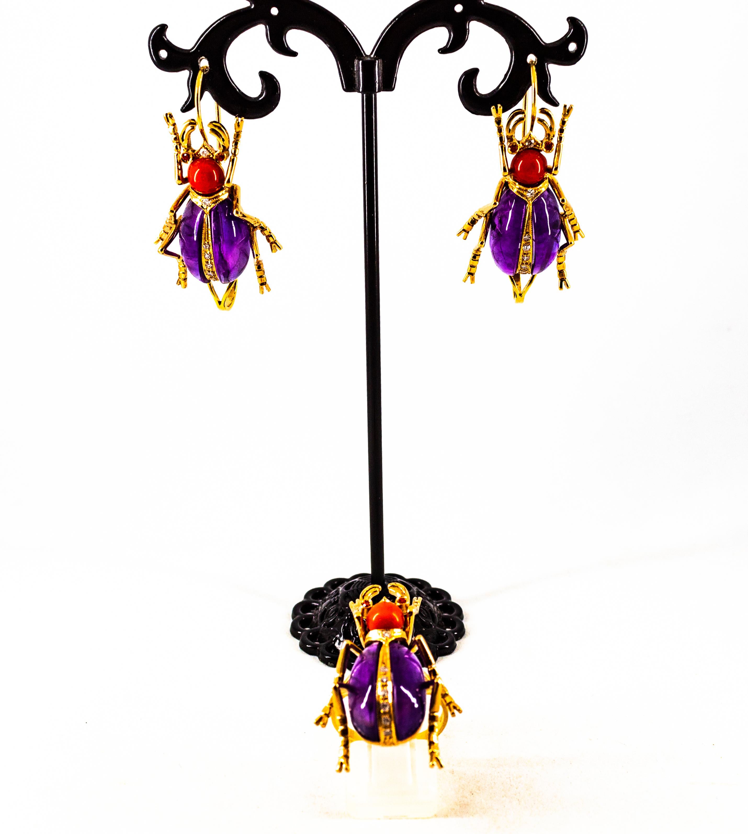 Brilliant Cut Art Nouveau White Diamond Ruby Red Coral Amethyst Yellow Gold Cocktail Ring For Sale