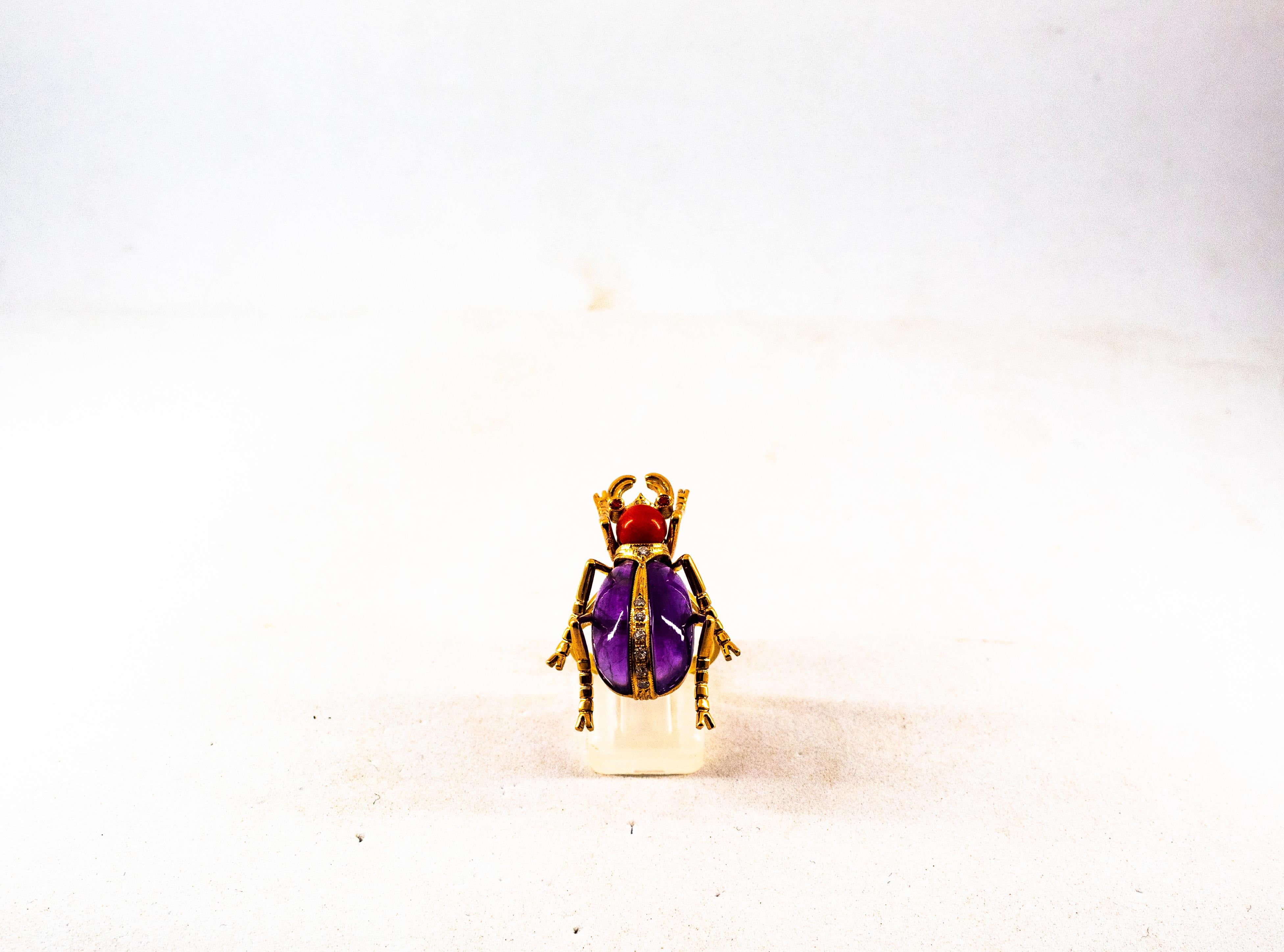 Art Nouveau White Diamond Ruby Red Coral Amethyst Yellow Gold Cocktail Ring In New Condition For Sale In Naples, IT