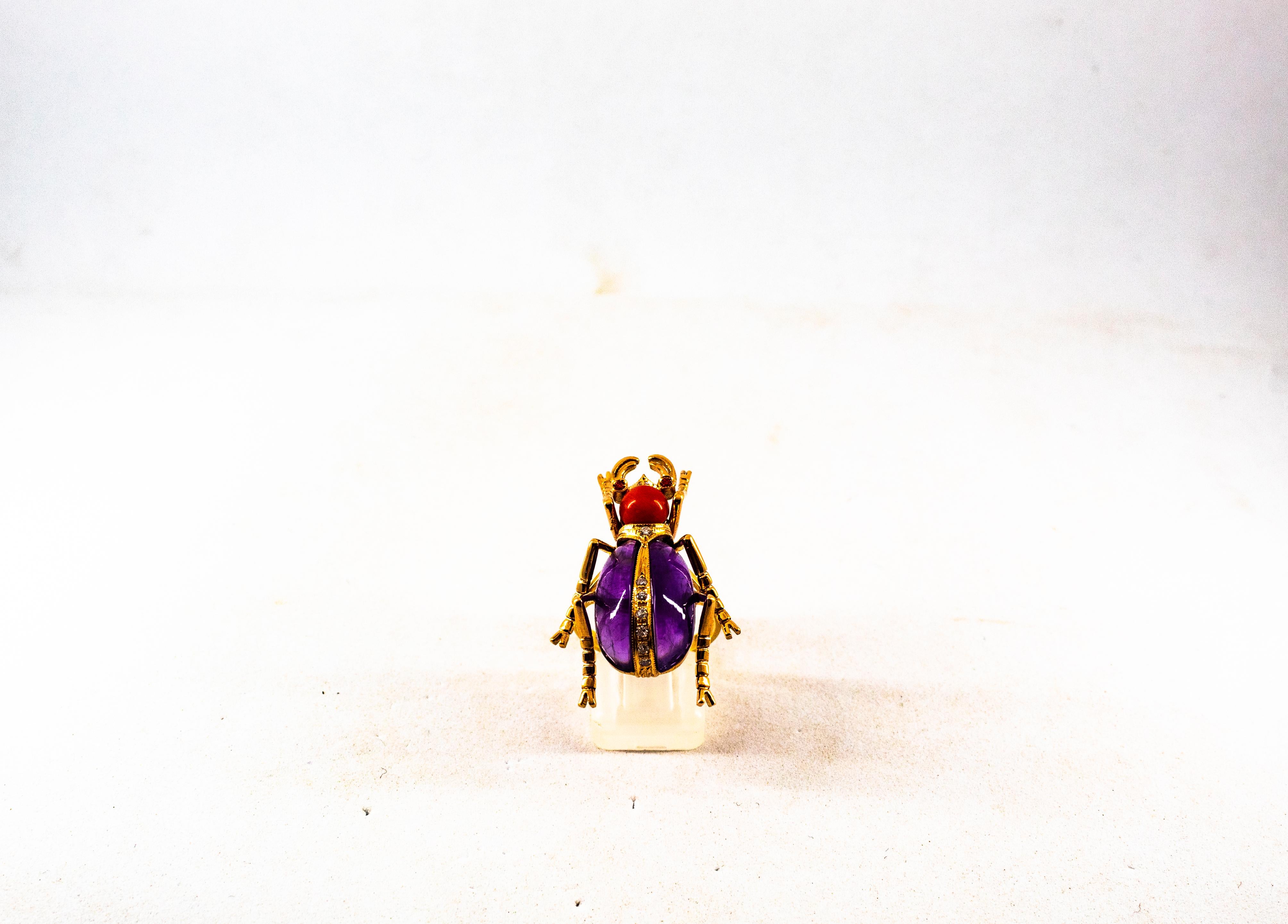 Women's or Men's Art Nouveau White Diamond Ruby Red Coral Amethyst Yellow Gold Cocktail Ring For Sale