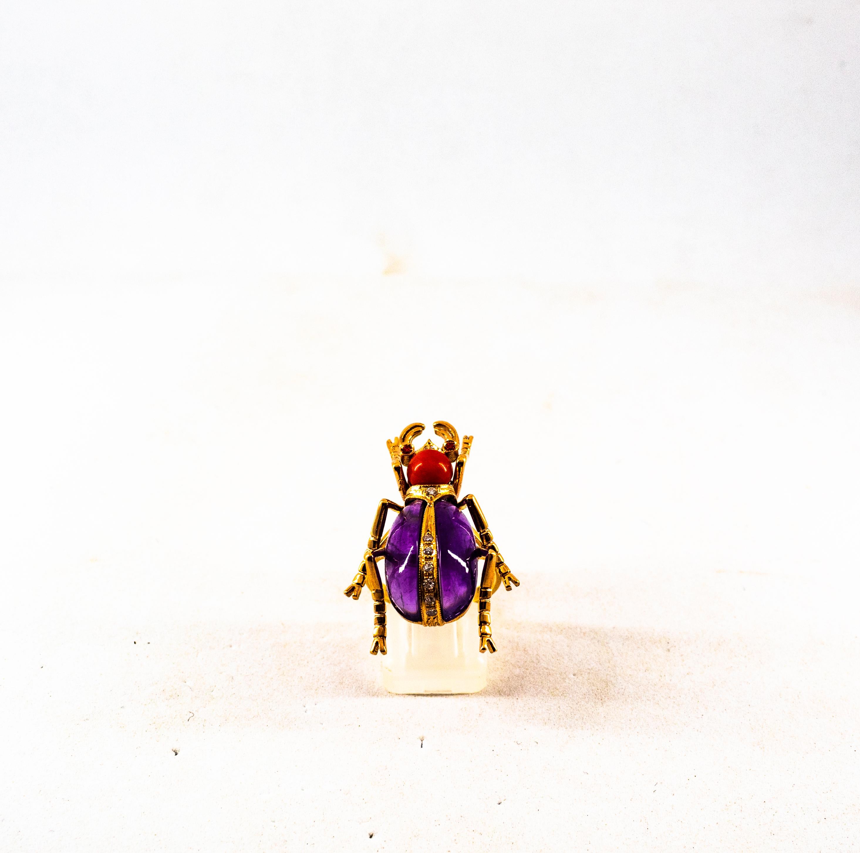 Jugendstil-Cocktailring, weißer Diamant, Rubin, roter Koralle, Amethyst, Gelbgold für Damen oder Herren im Angebot