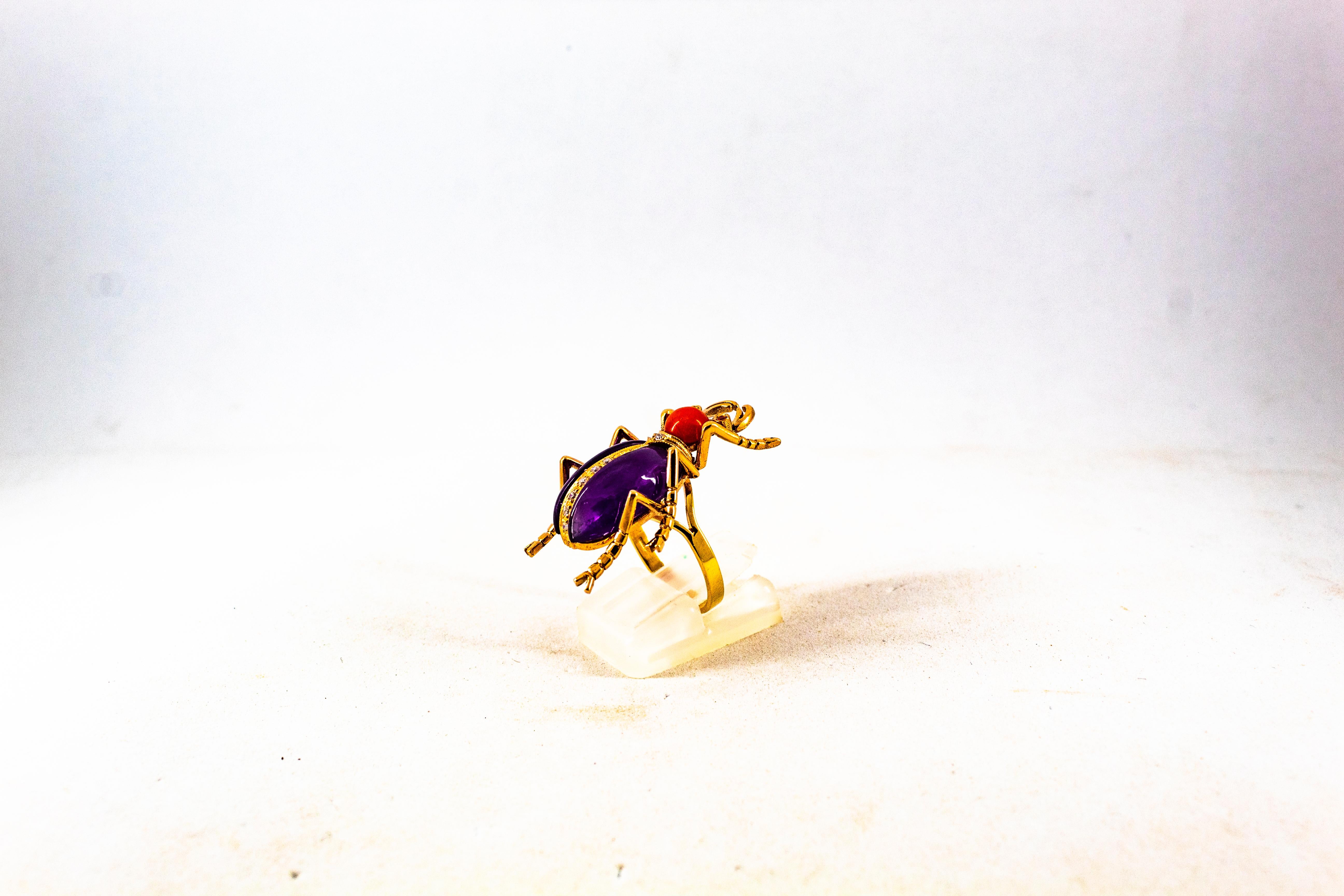 Art Nouveau White Diamond Ruby Red Coral Amethyst Yellow Gold Cocktail Ring For Sale 2