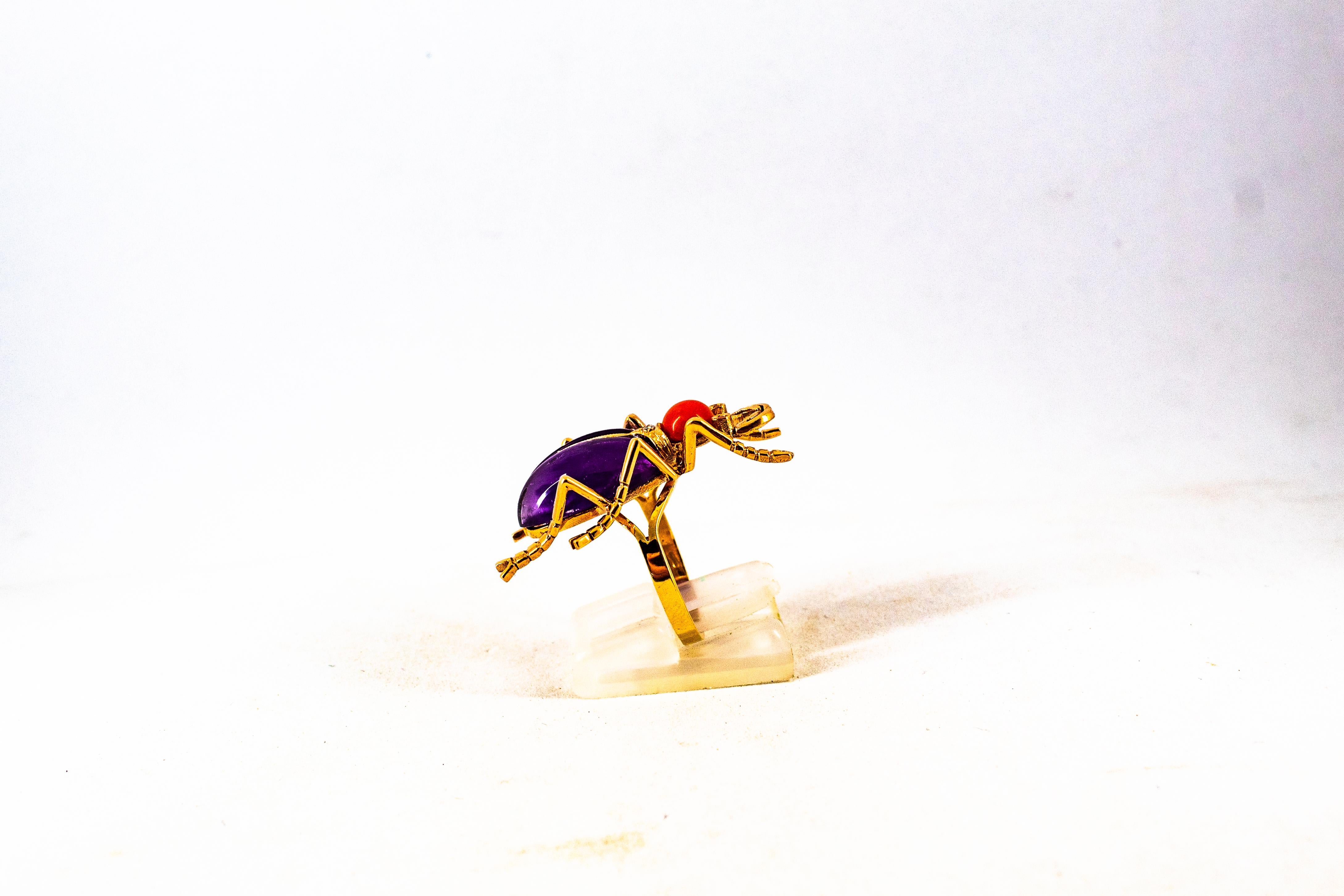 Art Nouveau White Diamond Ruby Red Coral Amethyst Yellow Gold Cocktail Ring For Sale 3