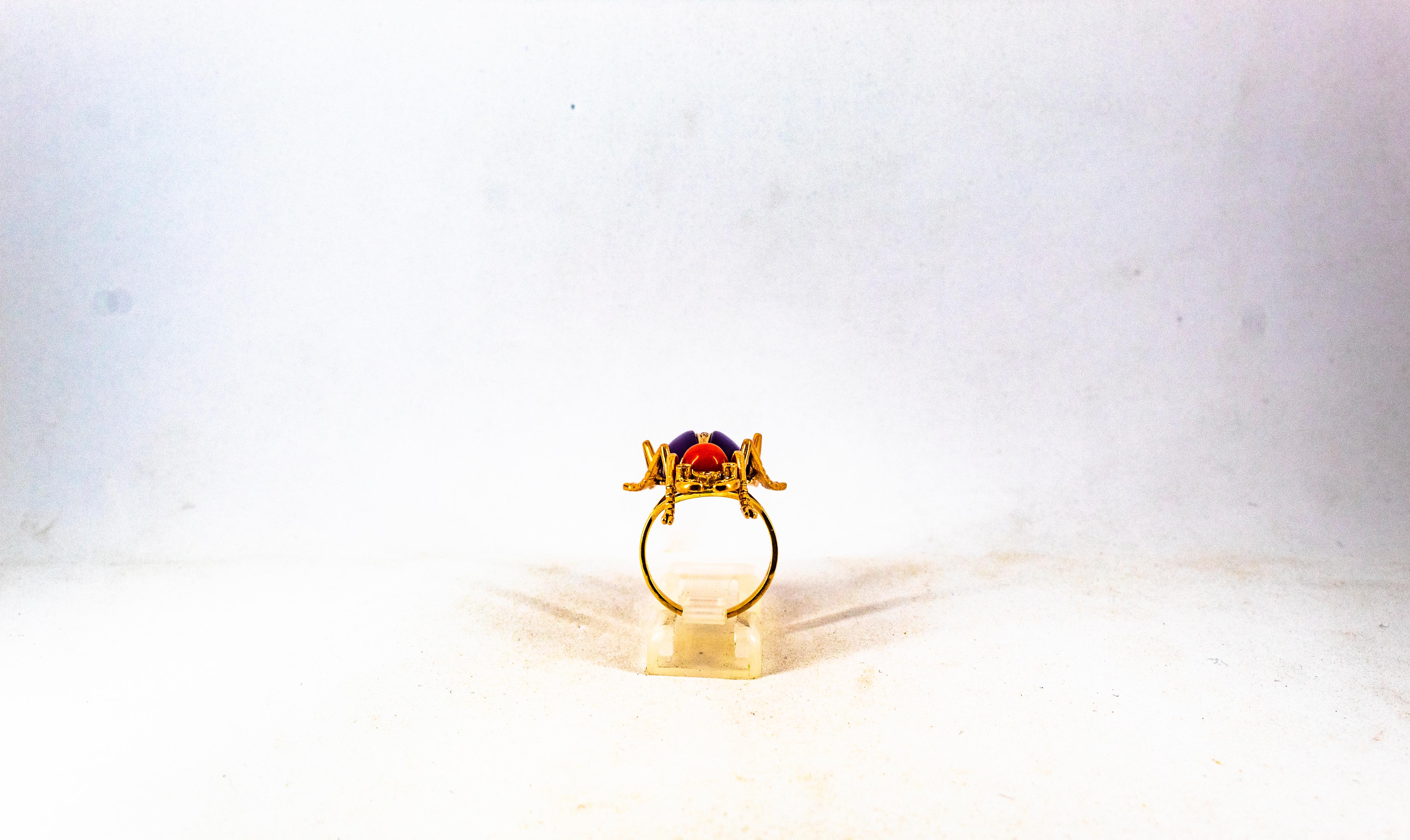 Jugendstil-Cocktailring, weißer Diamant, Rubin, roter Koralle, Amethyst, Gelbgold im Angebot 3