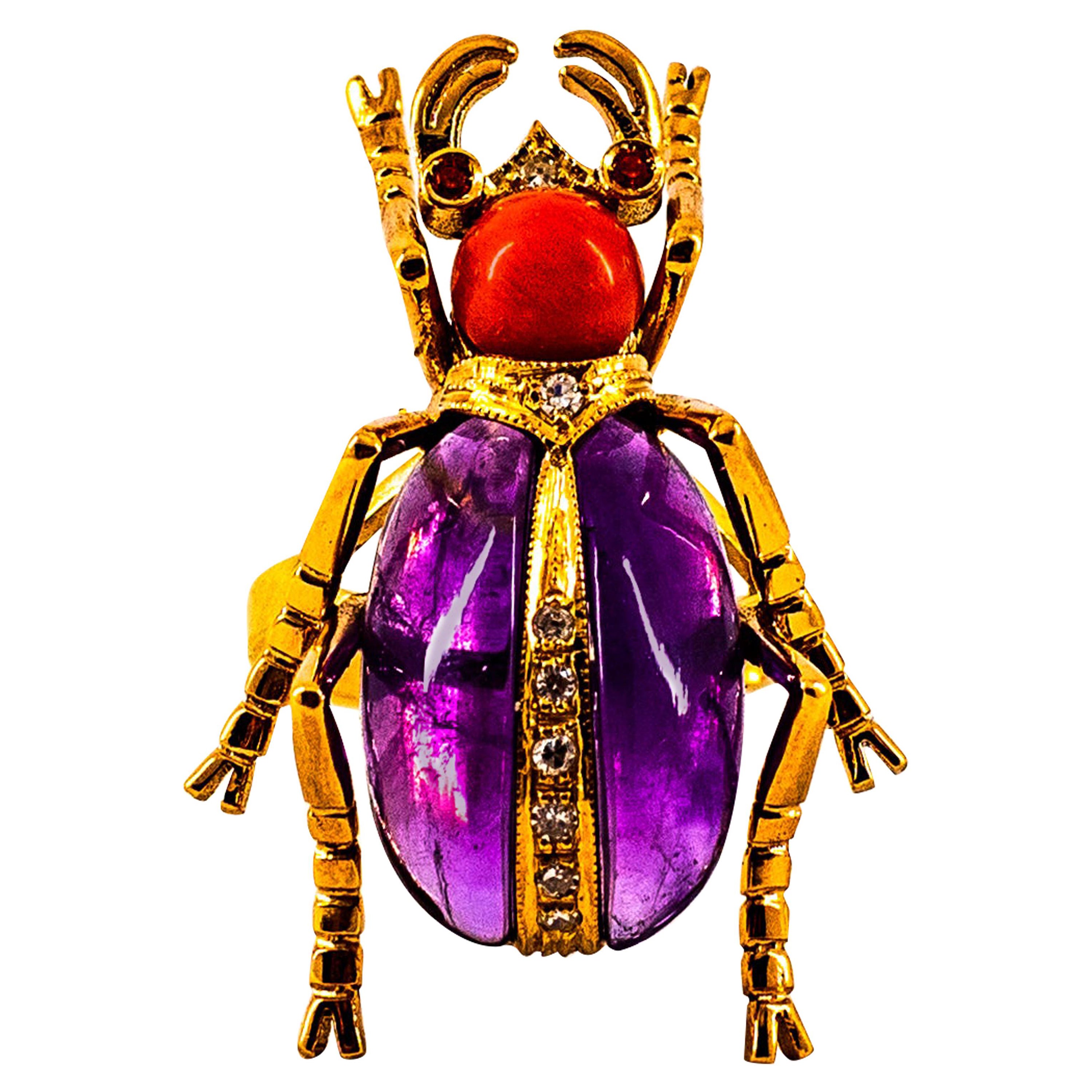 Art Nouveau White Diamond Ruby Red Coral Amethyst Yellow Gold Cocktail Ring For Sale