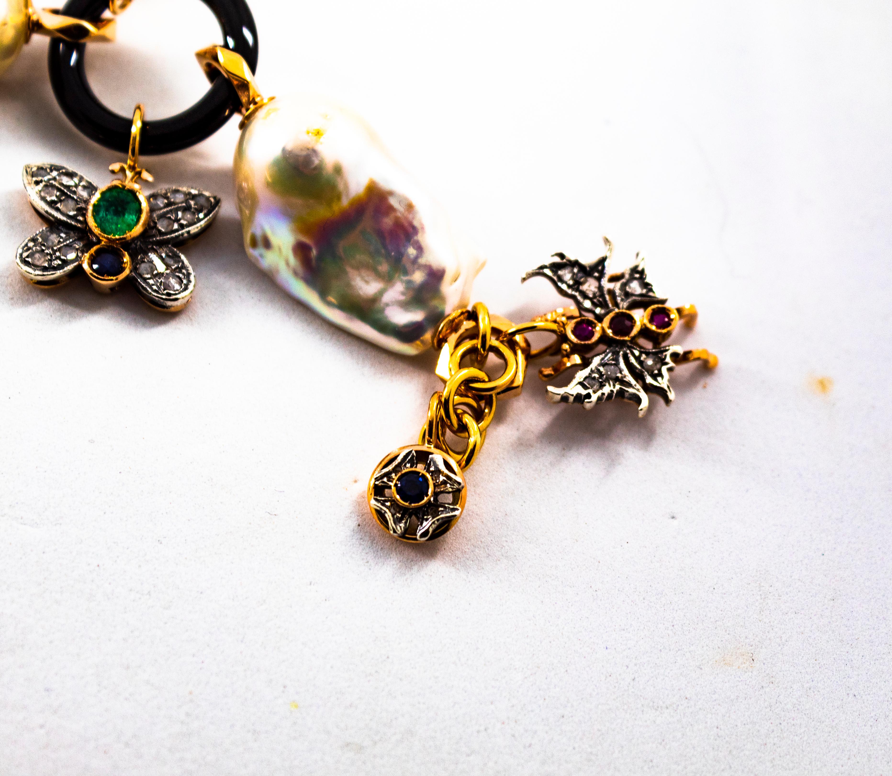 Art Nouveau White Diamond Ruby Sapphire Emerald Tourmaline Yellow Gold Bracelet 7