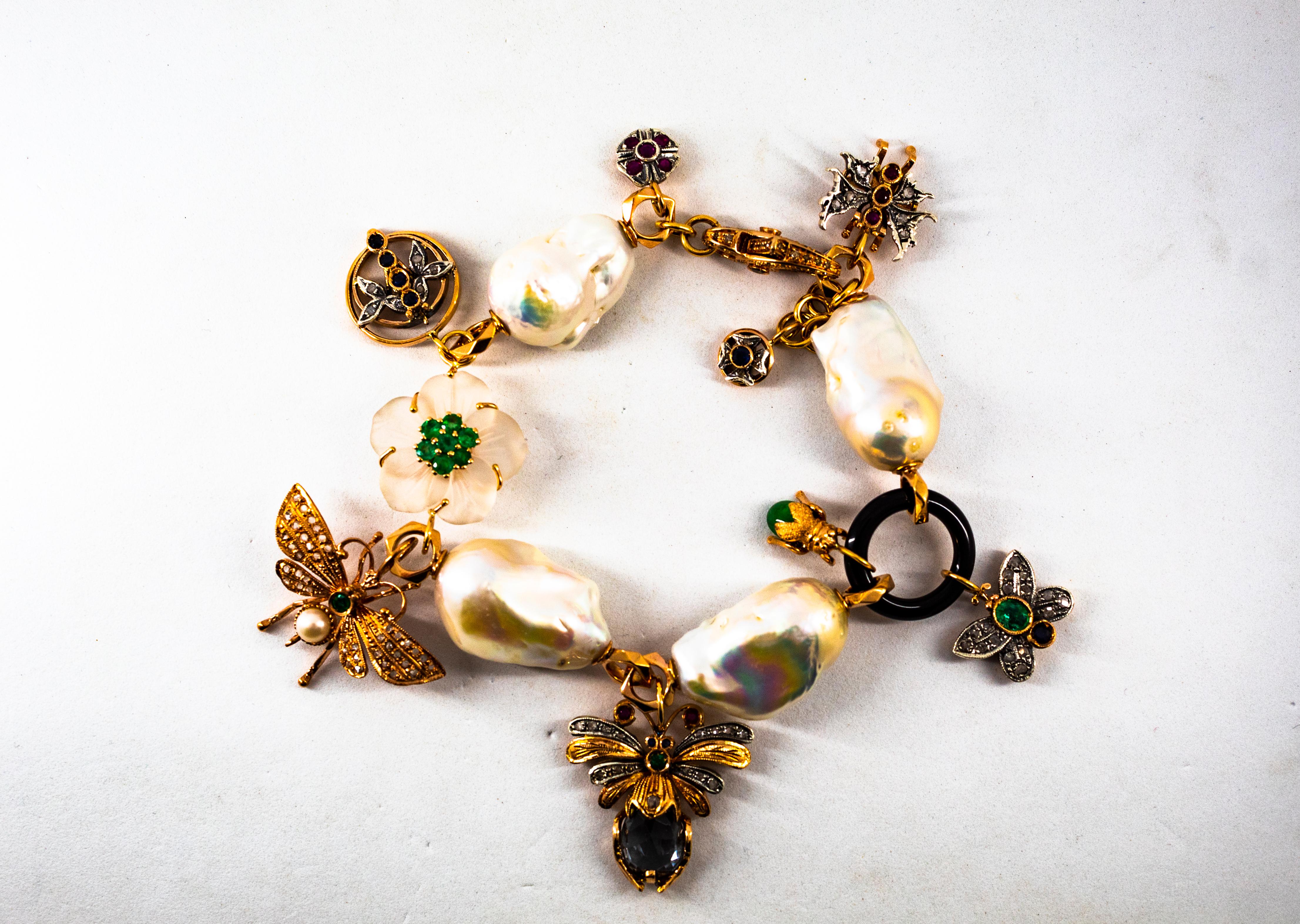 Art Nouveau White Diamond Ruby Sapphire Emerald Tourmaline Yellow Gold Bracelet 8