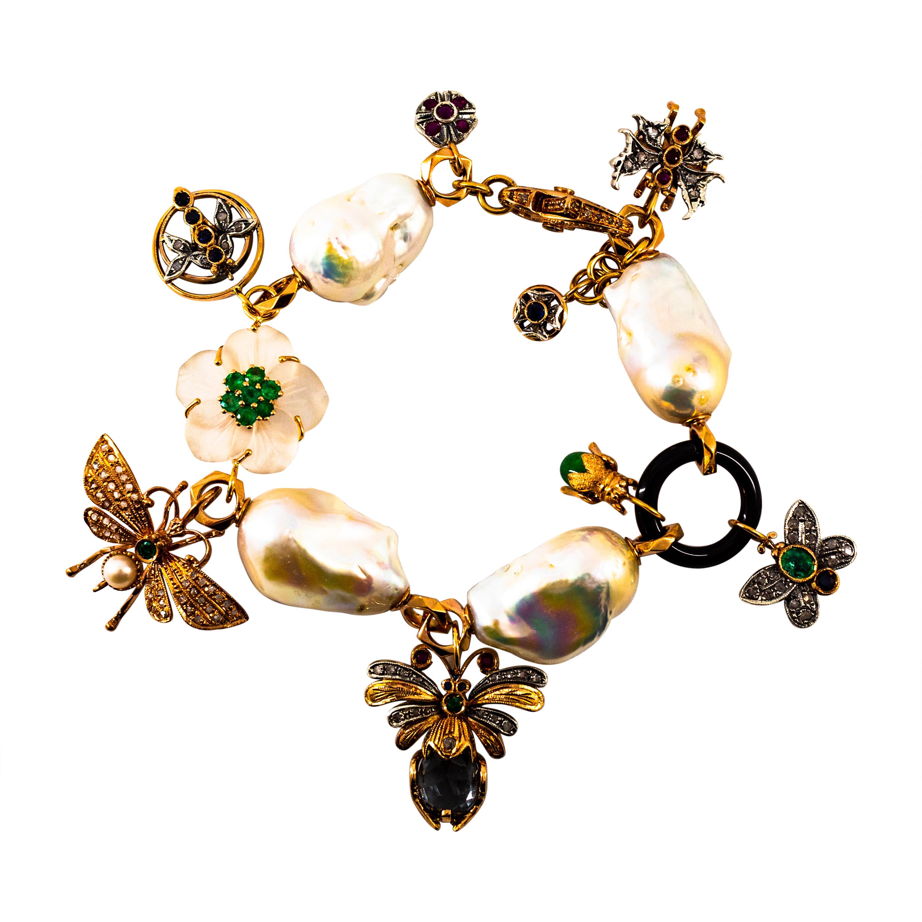 Art Nouveau White Diamond Ruby Sapphire Emerald Tourmaline Yellow Gold Bracelet