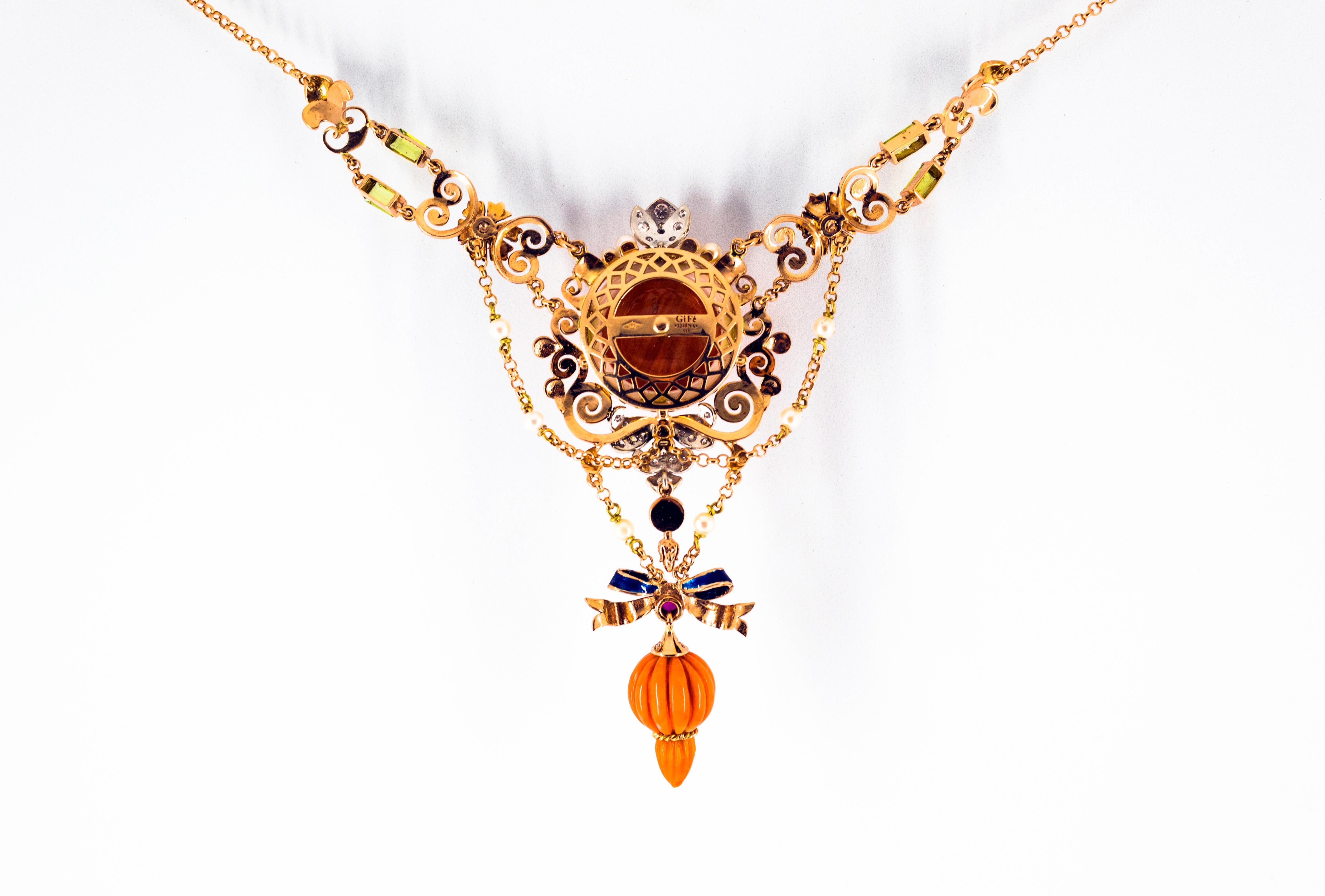 Art Nouveau White Diamond Ruby Turquoise Coral Pearl Enamel Yellow Gold Necklace 5
