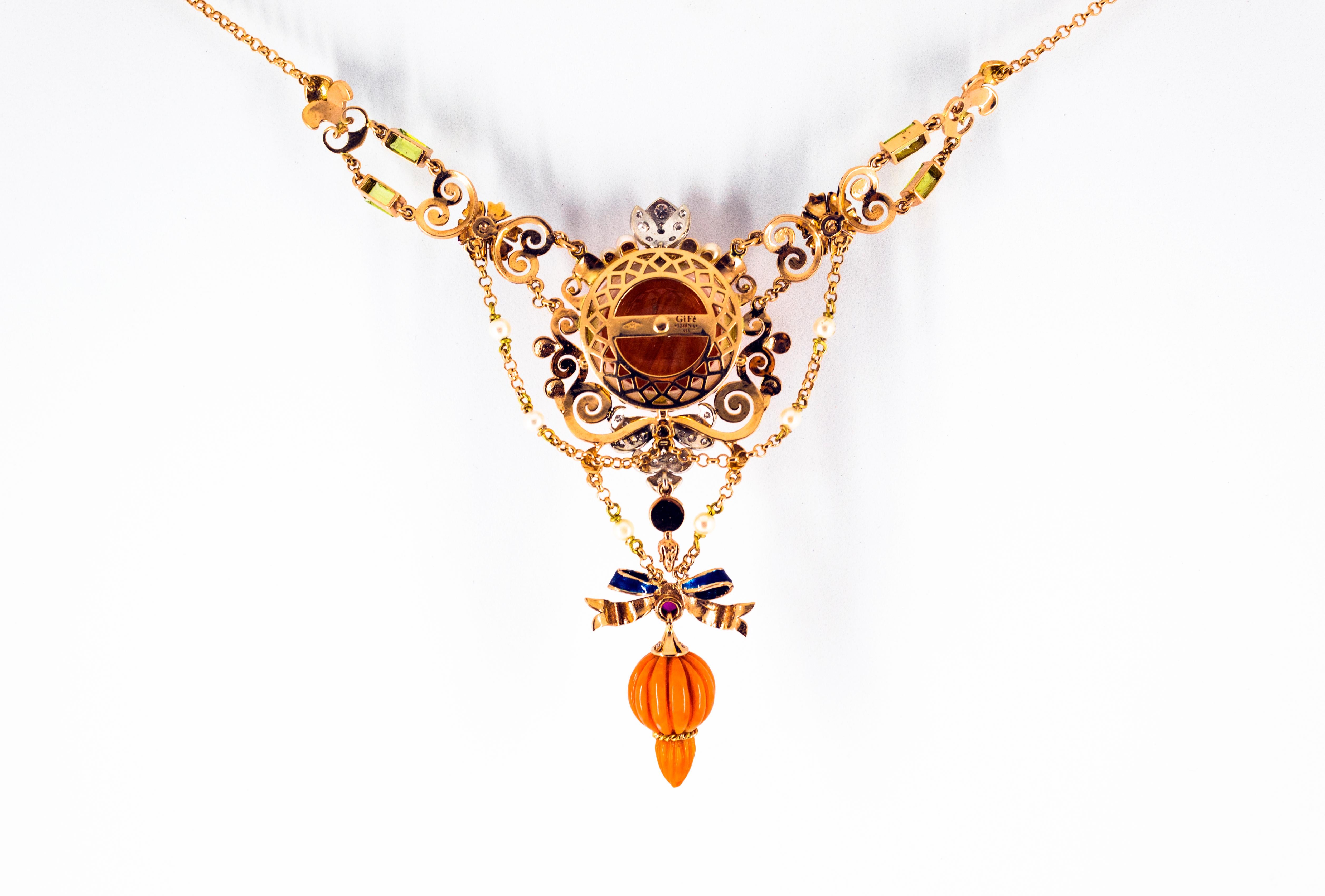 Art Nouveau Diamante Blanco Rubí Turquesa Coral Perla Esmalte Collar de Oro Amarillo en venta 5