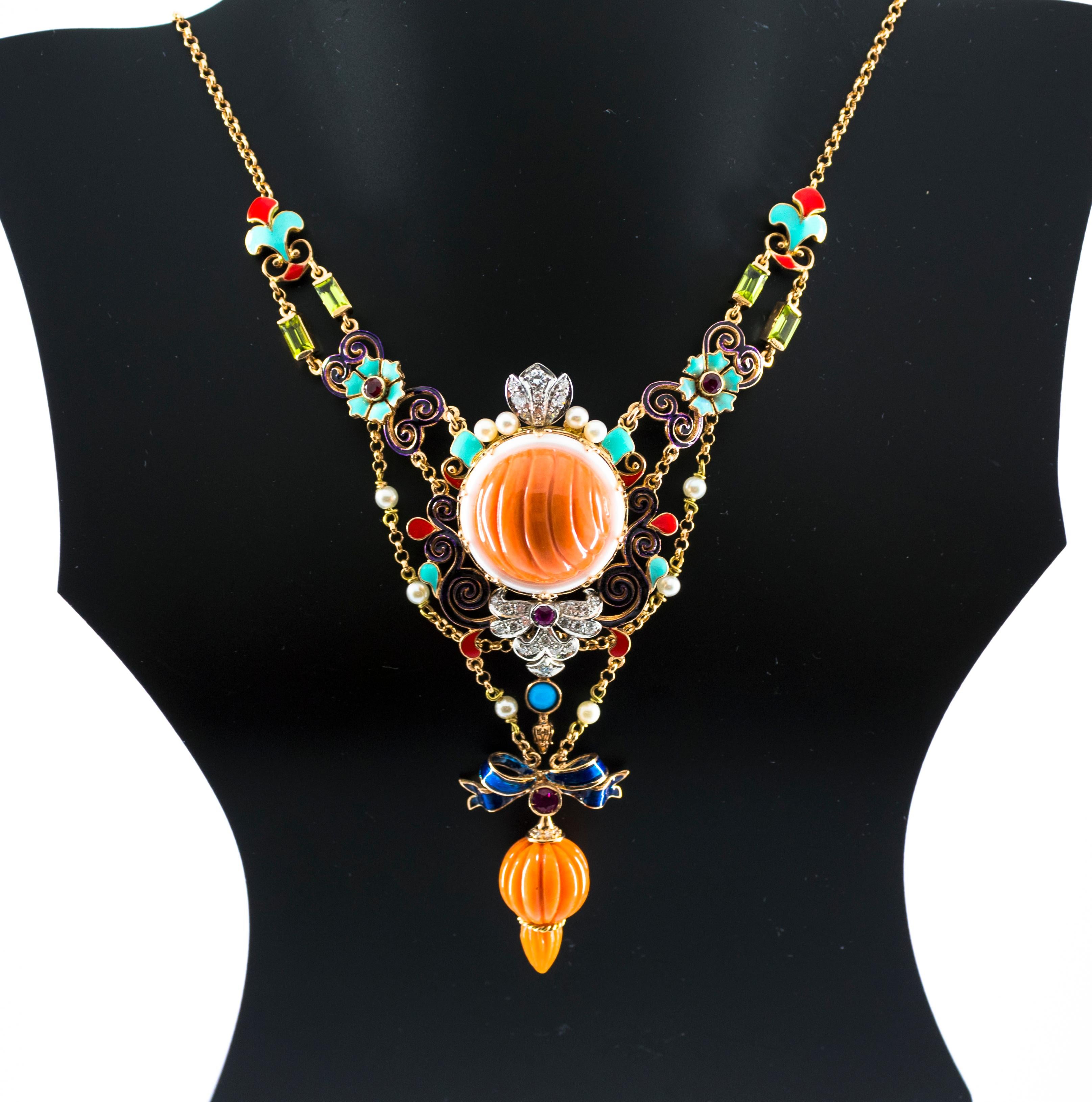 Art Nouveau White Diamond Ruby Turquoise Coral Pearl Enamel Yellow Gold Necklace For Sale 6