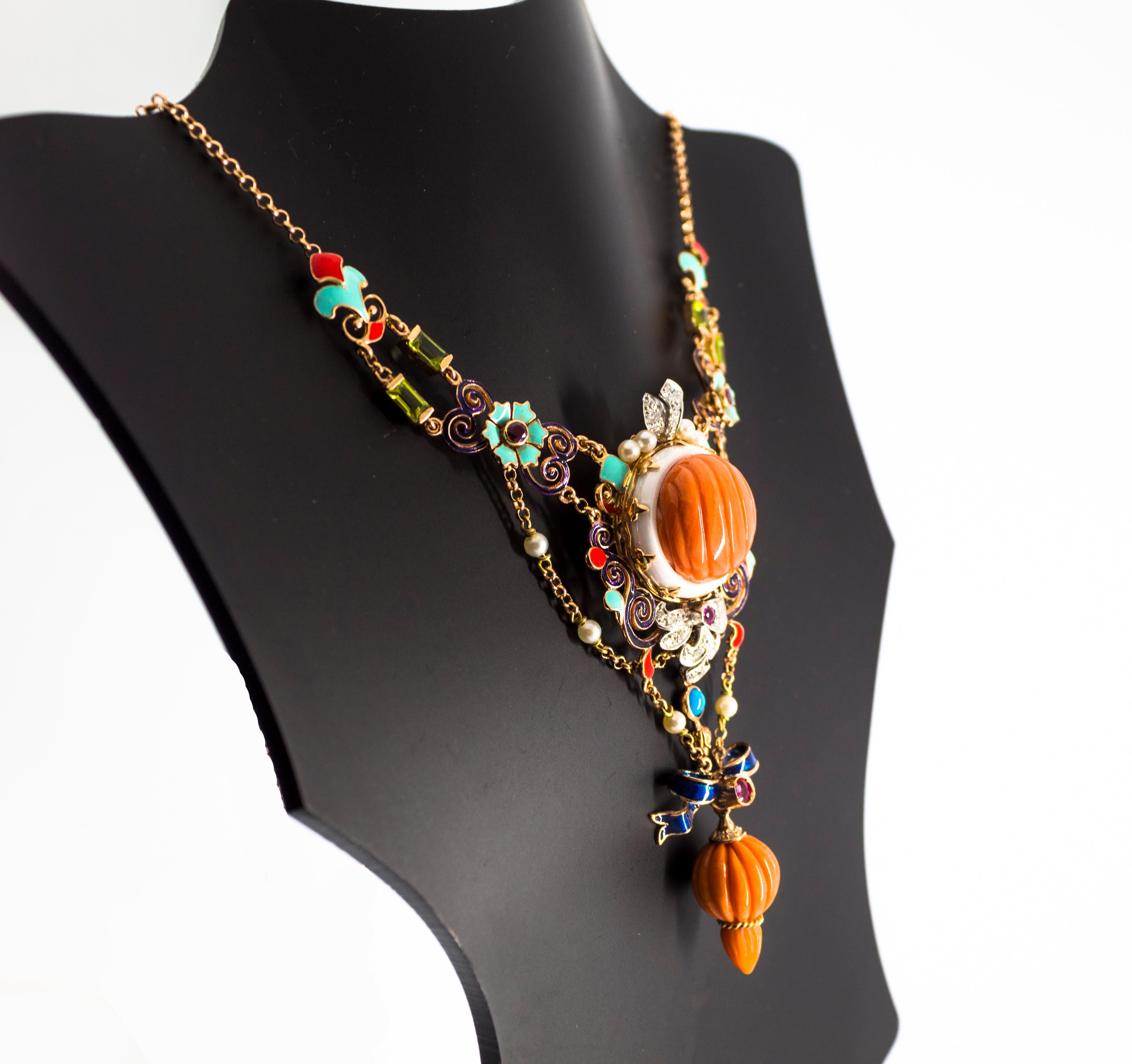 Art Nouveau Diamante Blanco Rubí Turquesa Coral Perla Esmalte Collar de Oro Amarillo en venta 8
