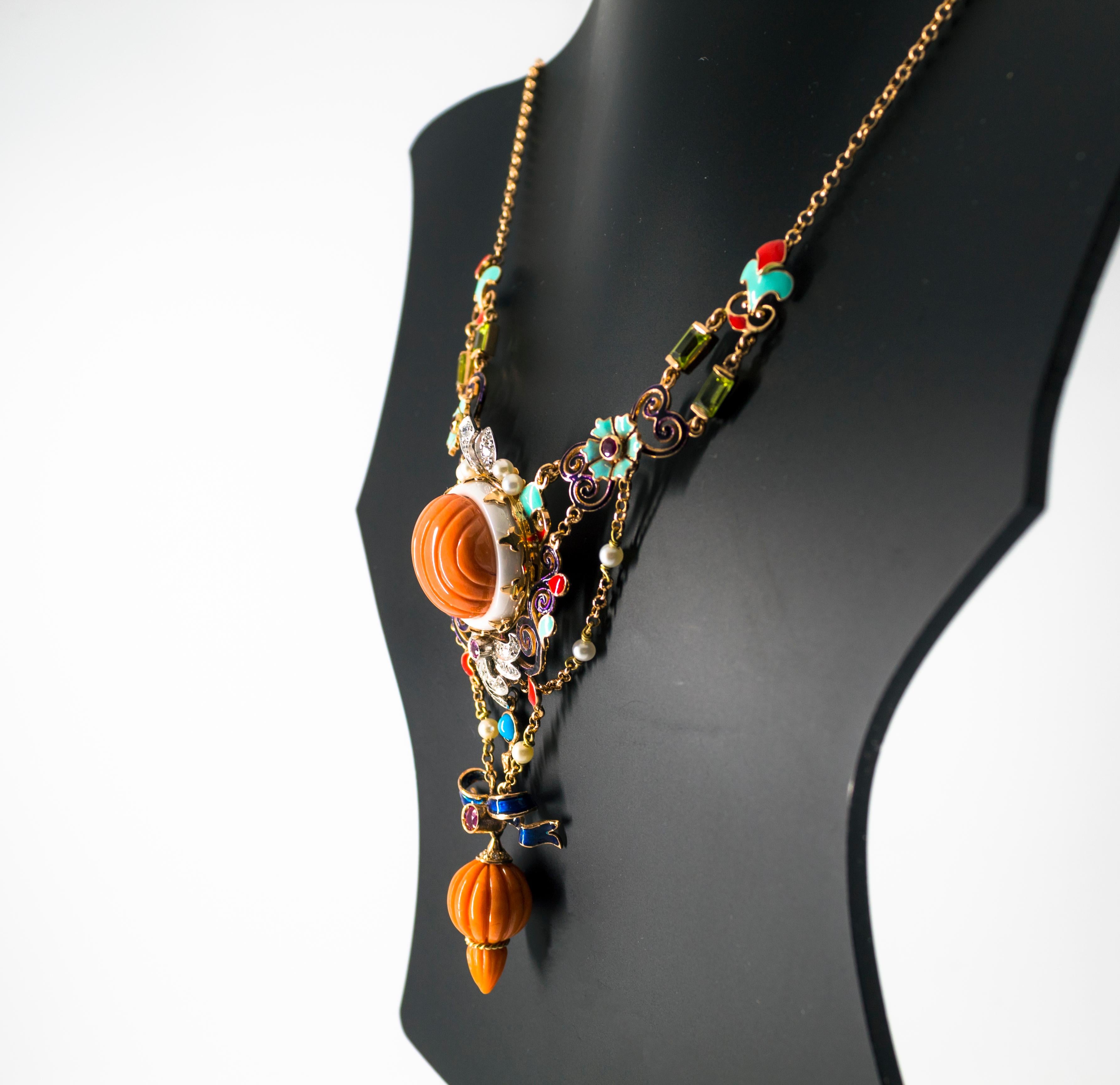 Art Nouveau White Diamond Ruby Turquoise Coral Pearl Enamel Yellow Gold Necklace For Sale 9