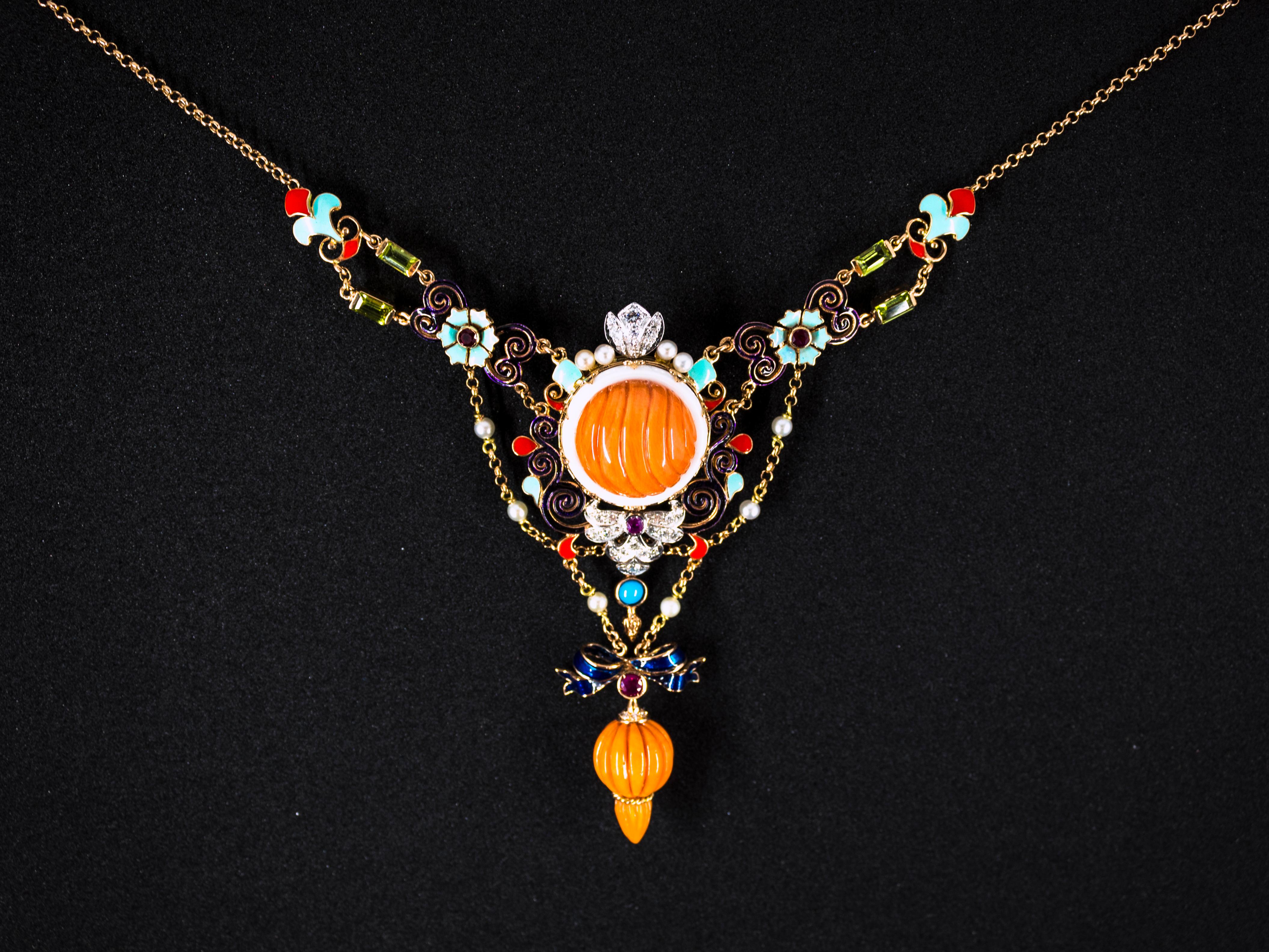 Art Nouveau White Diamond Ruby Turquoise Coral Pearl Enamel Yellow Gold Necklace For Sale 10