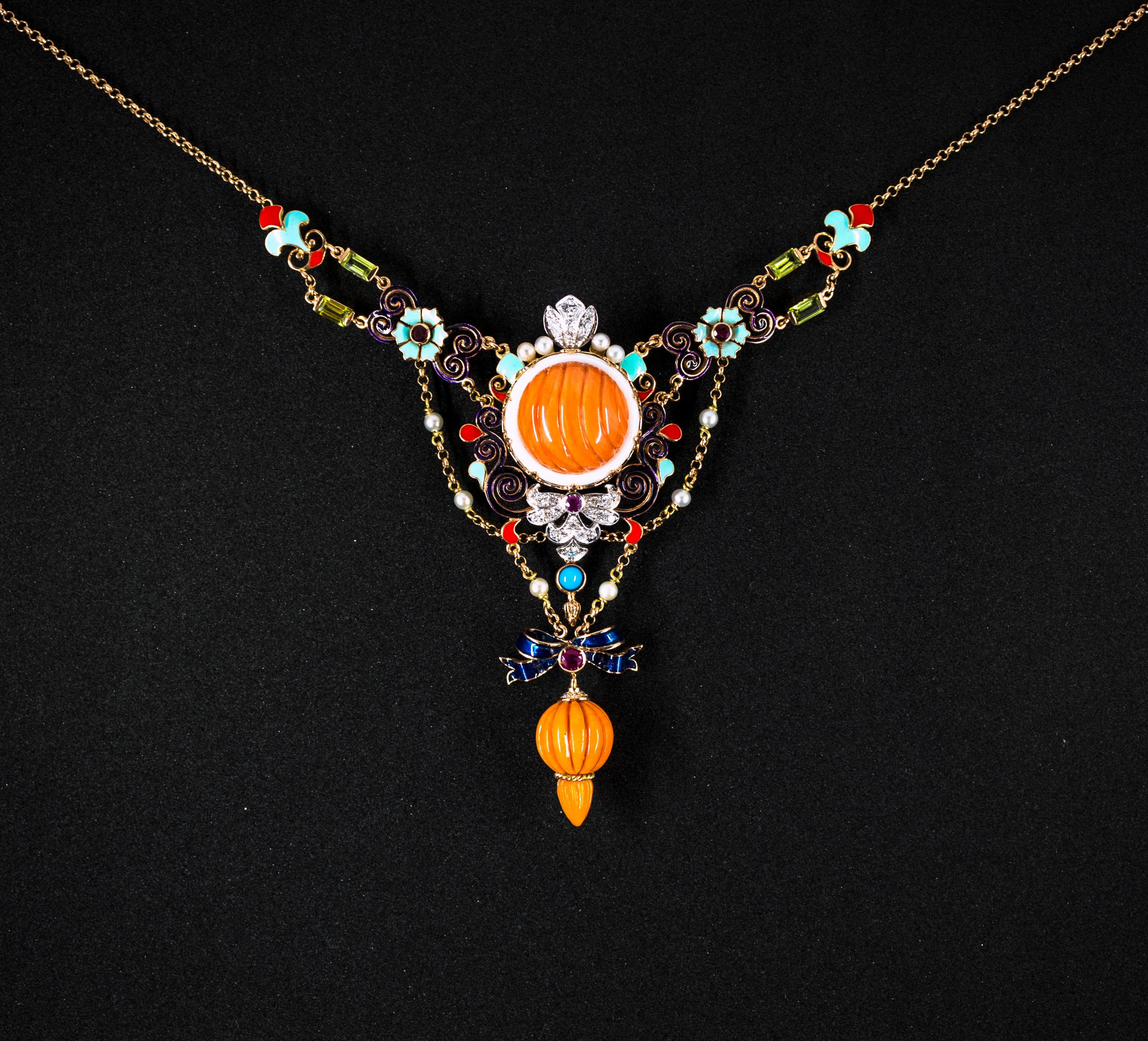 Art Nouveau White Diamond Ruby Turquoise Coral Pearl Enamel Yellow Gold Necklace For Sale 11