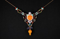 Art Nouveau White Diamond Ruby Turquoise Coral Pearl Enamel Yellow Gold Necklace