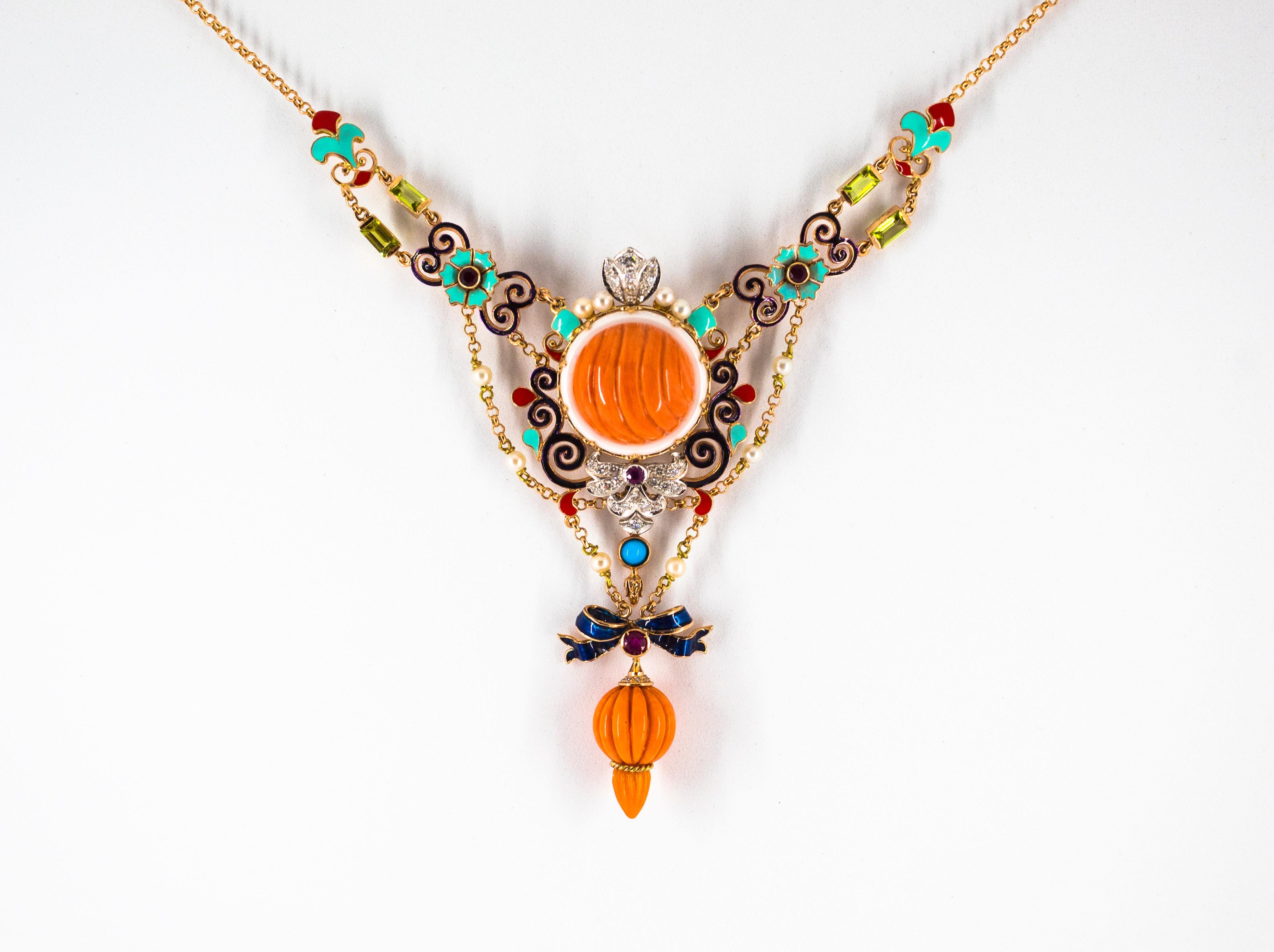 Brilliant Cut Art Nouveau White Diamond Ruby Turquoise Coral Pearl Enamel Yellow Gold Necklace For Sale