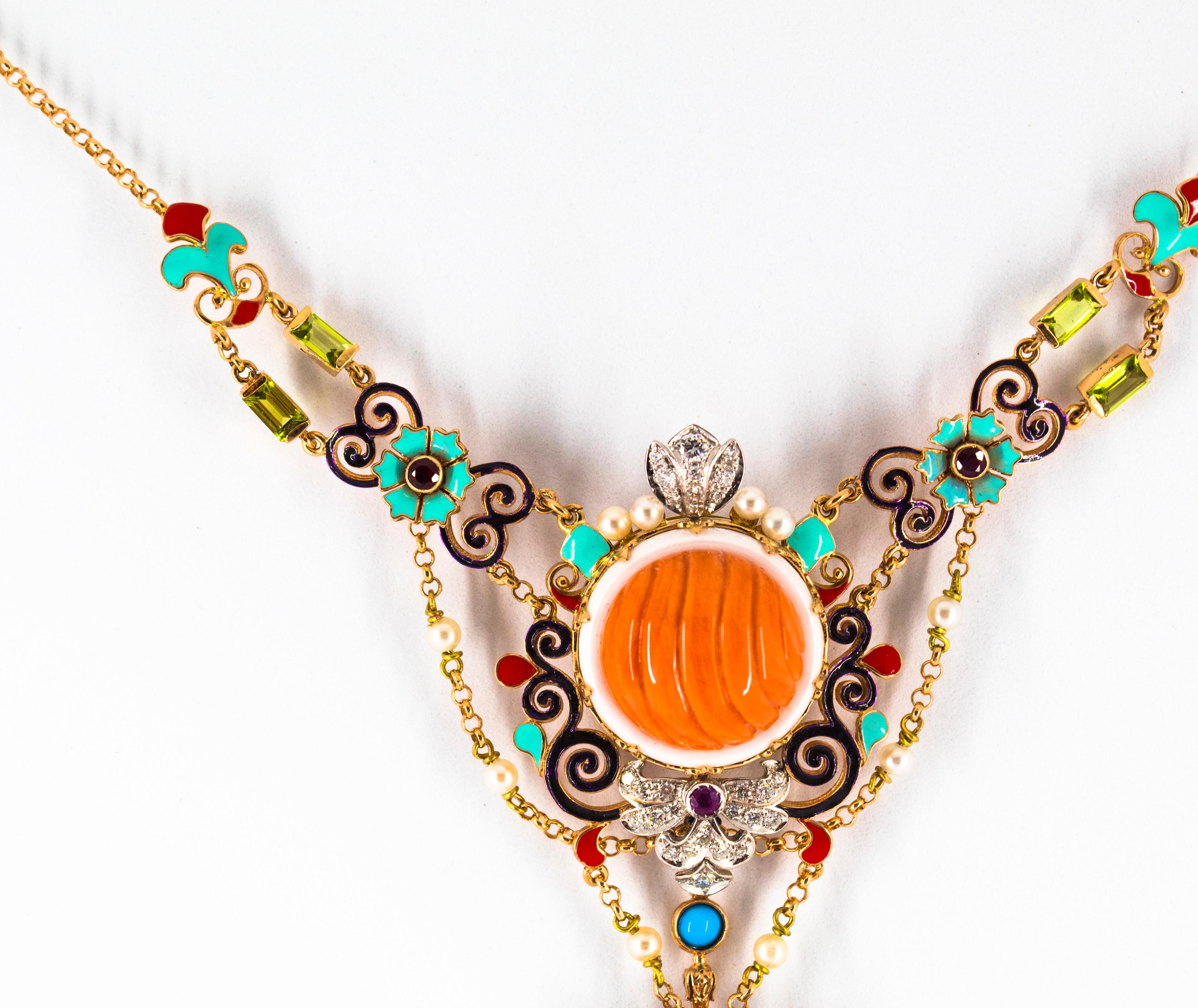 Taille brillant Collier Art Nouveau en or jaune avec diamants blancs, rubis, turquoises, corail, perles et émail