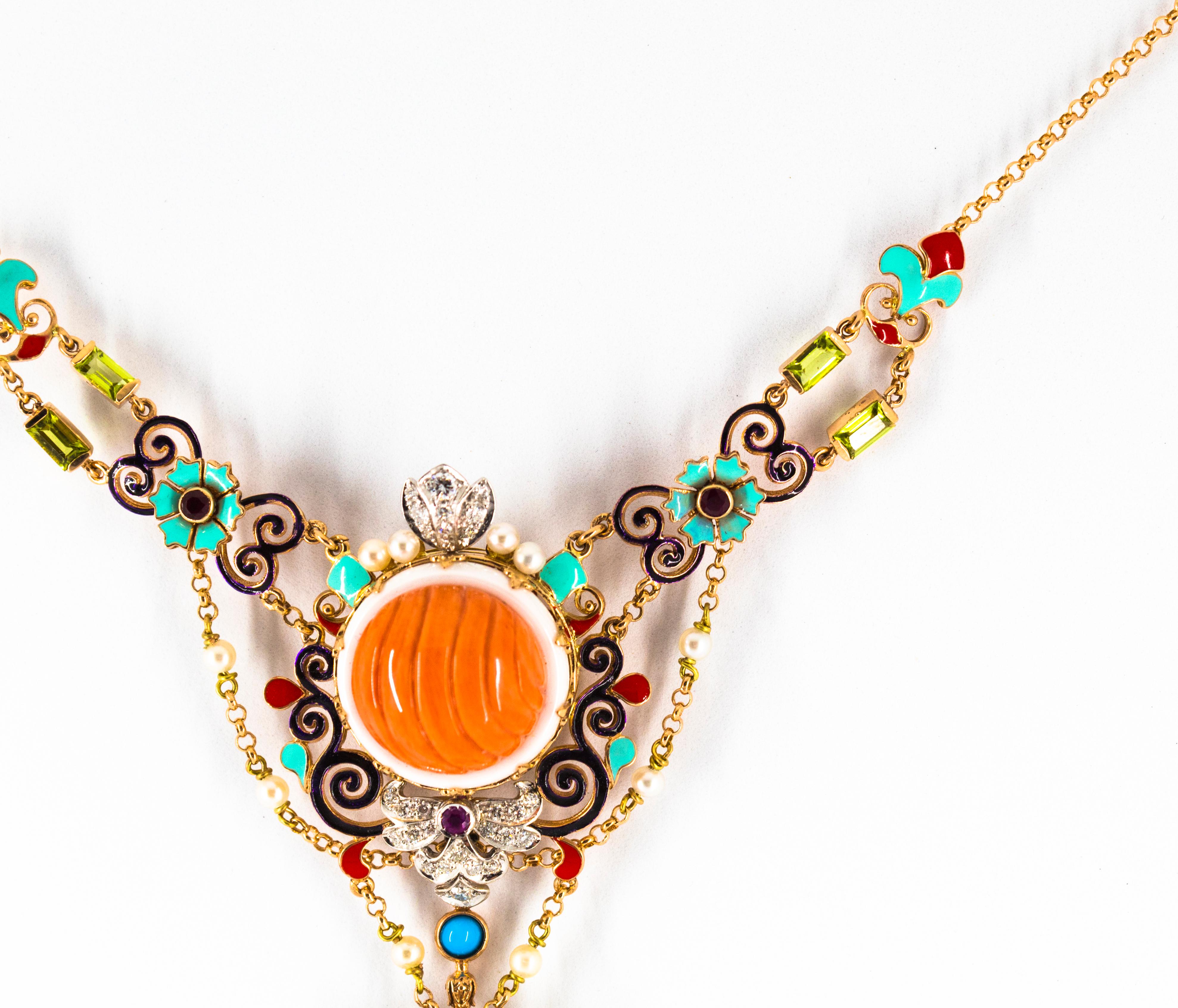 Women's or Men's Art Nouveau White Diamond Ruby Turquoise Coral Pearl Enamel Yellow Gold Necklace