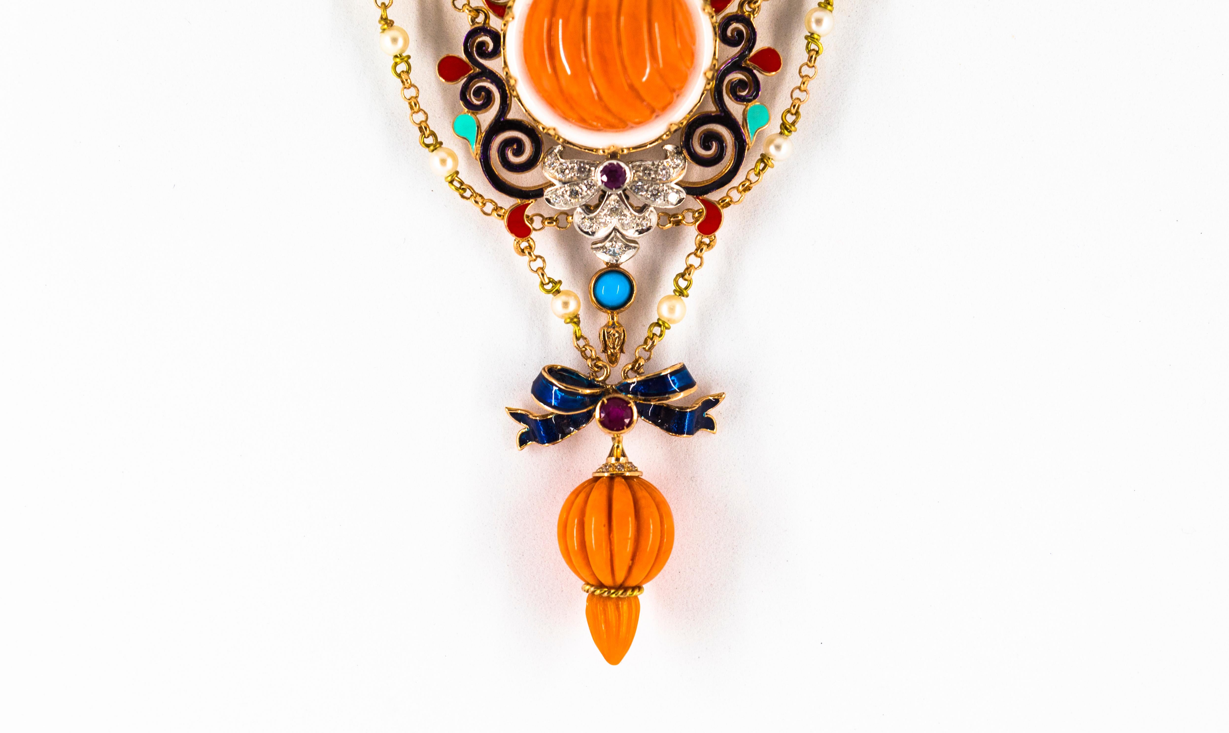 Art Nouveau Diamante Blanco Rubí Turquesa Coral Perla Esmalte Collar de Oro Amarillo en venta 1