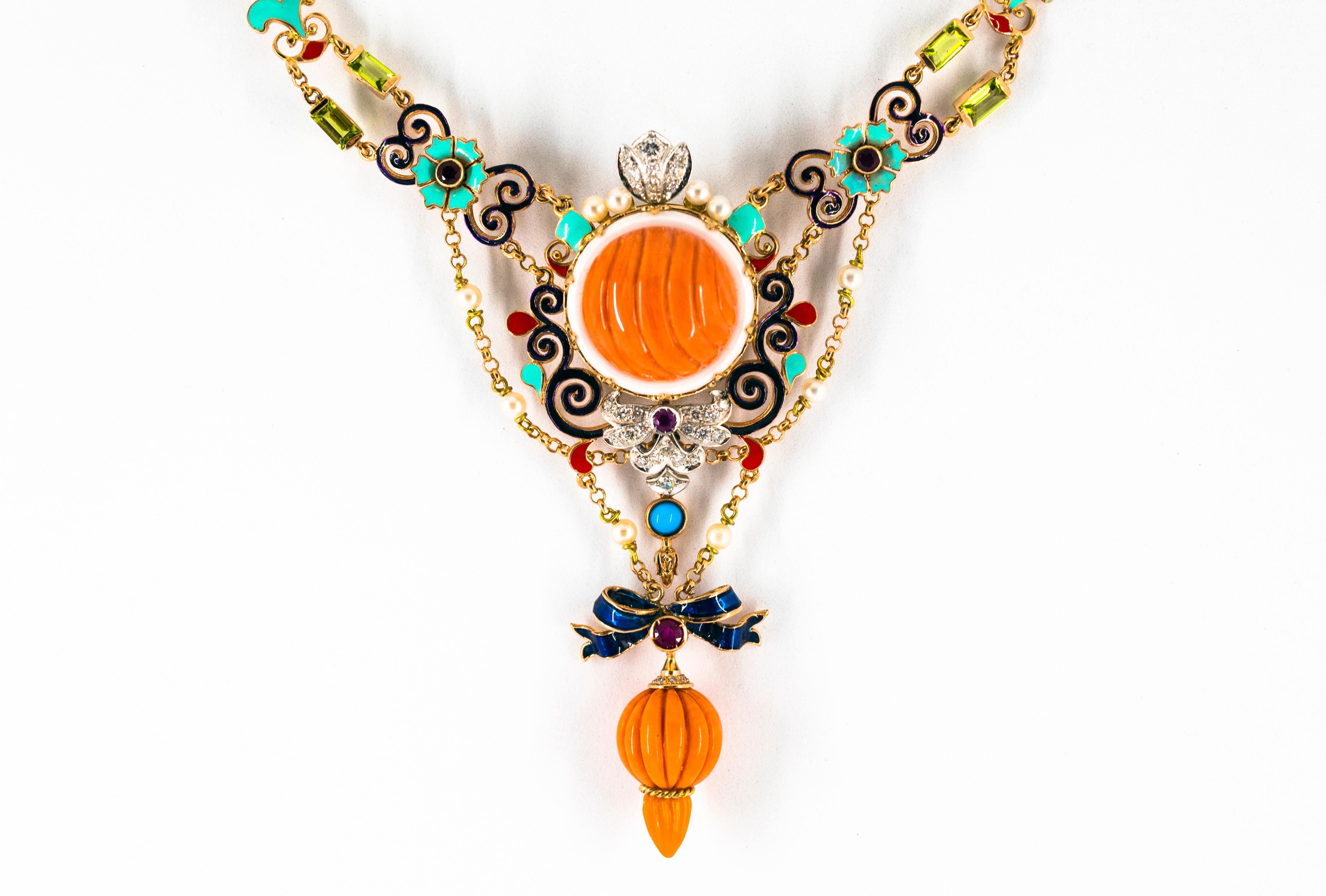 Art Nouveau White Diamond Ruby Turquoise Coral Pearl Enamel Yellow Gold Necklace For Sale 2