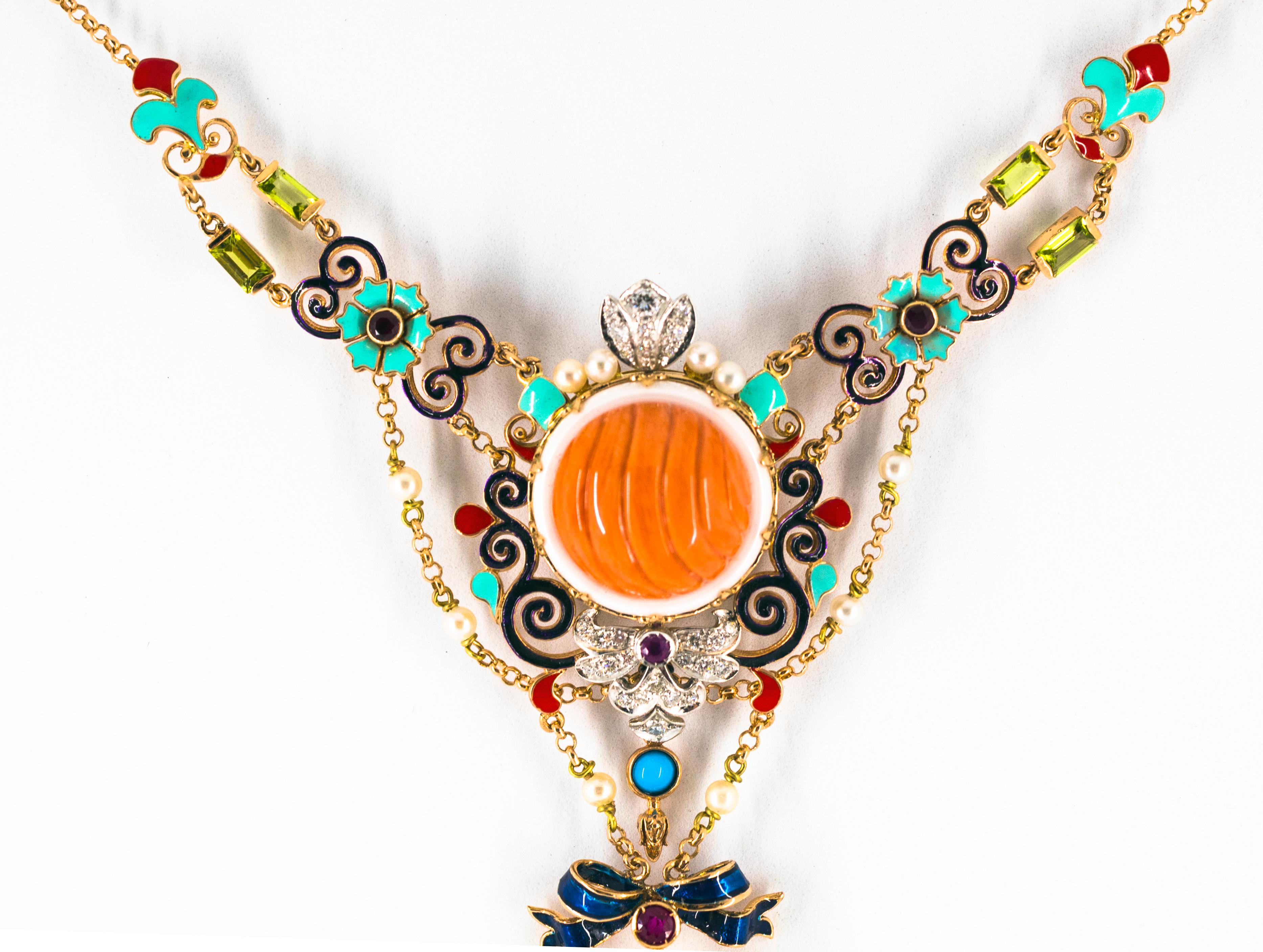 Art Nouveau White Diamond Ruby Turquoise Coral Pearl Enamel Yellow Gold Necklace 3