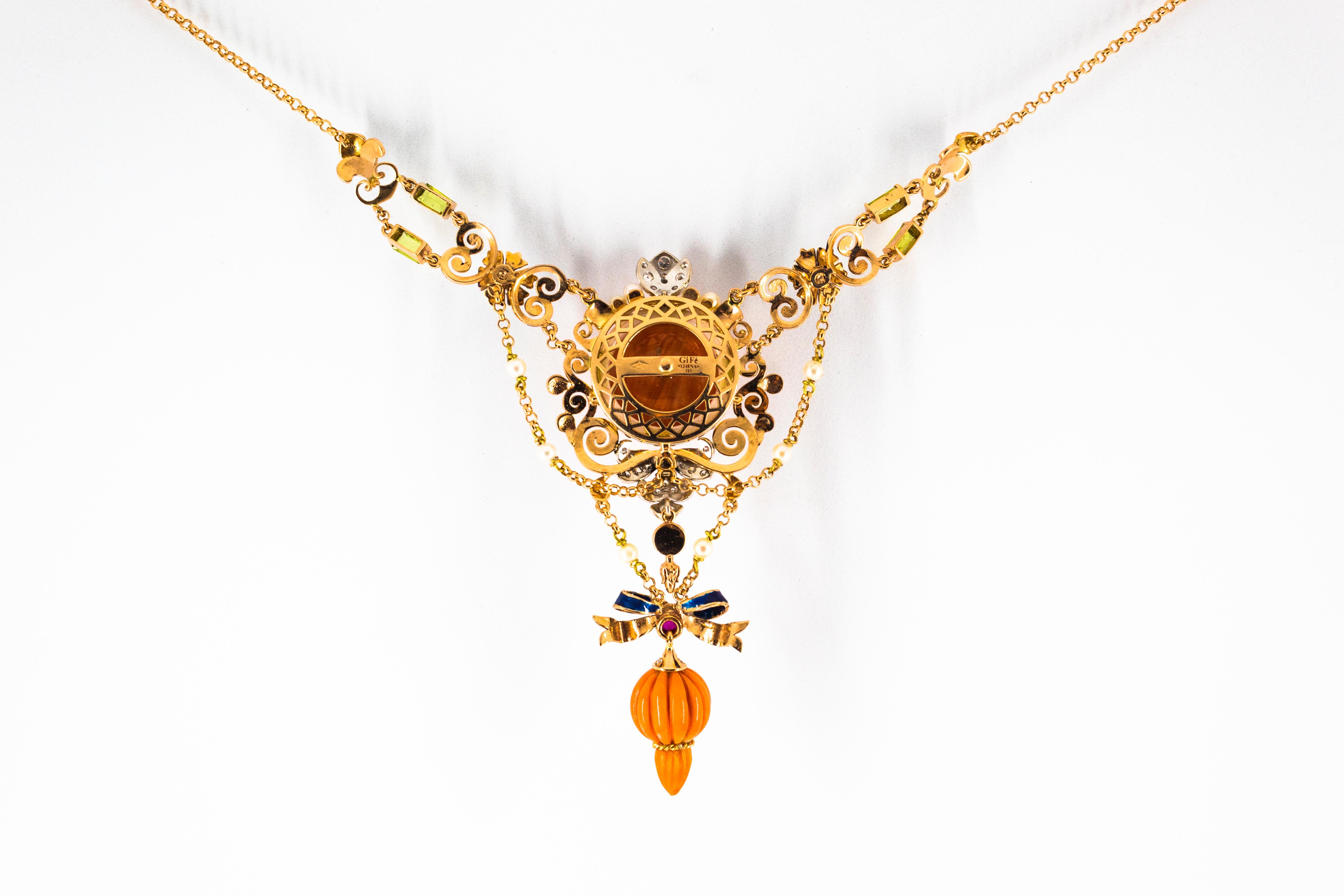 Art Nouveau White Diamond Ruby Turquoise Coral Pearl Enamel Yellow Gold Necklace For Sale 4