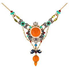 Art Nouveau White Diamond Ruby Turquoise Coral Pearl Enamel Yellow Gold Necklace