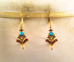 Art Nouveau White Diamond Ruby Turquoise Yellow Gold Lever-Back Drop Earrings