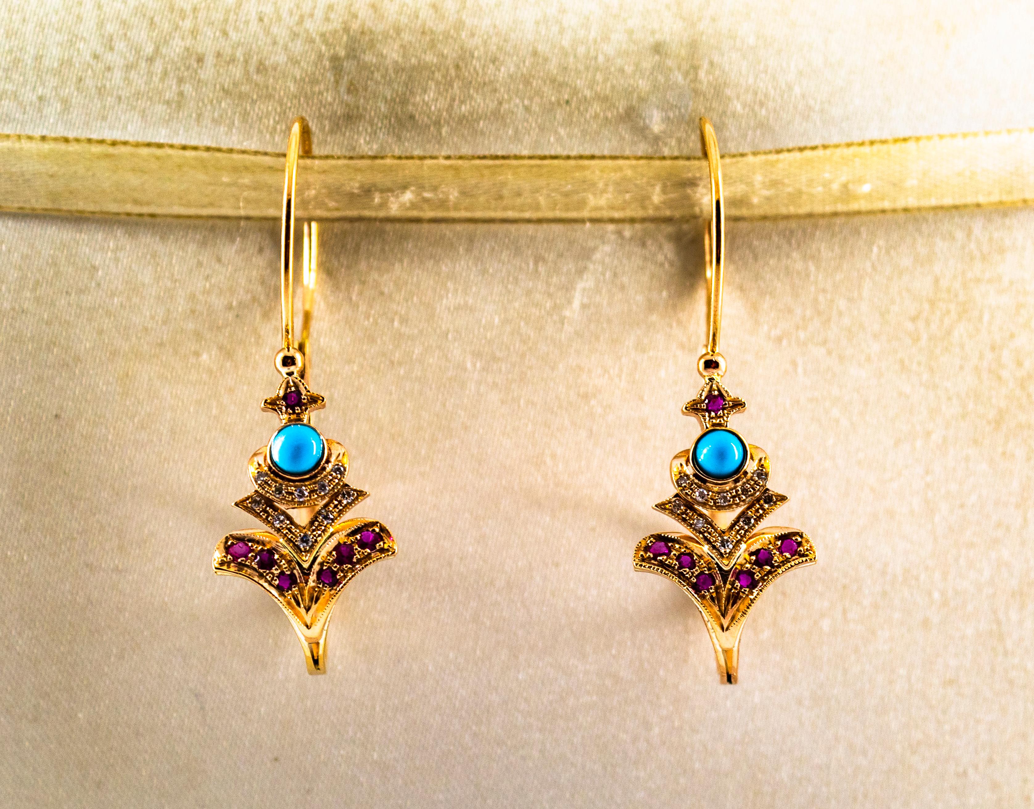 Brilliant Cut Art Nouveau White Diamond Ruby Turquoise Yellow Gold Lever-Back Drop Earrings For Sale