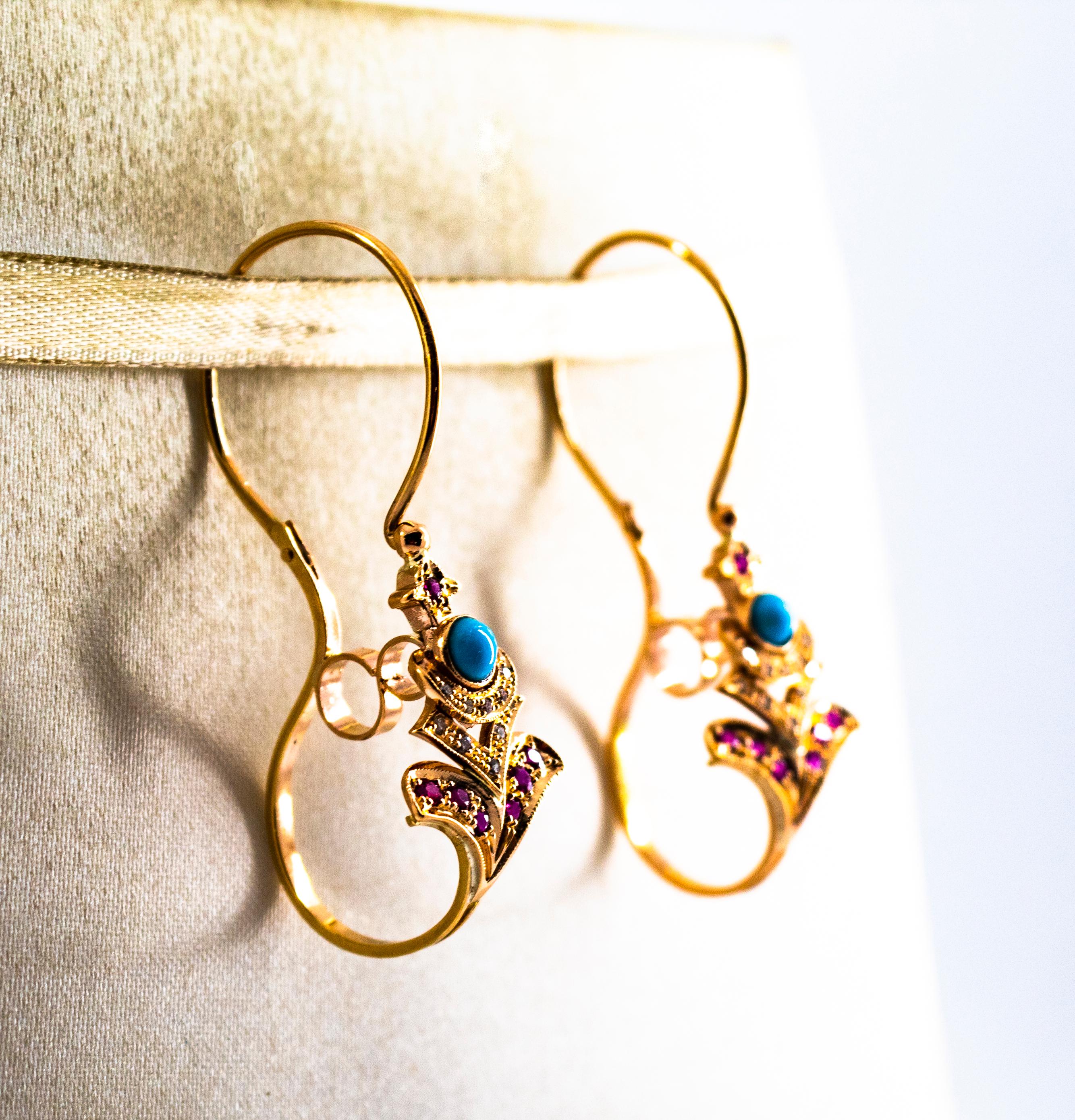 Jugendstil-Tropfen-Ohrringe mit weißem Diamanten, Rubin und Türkis aus Gelbgold (Brillantschliff) im Angebot