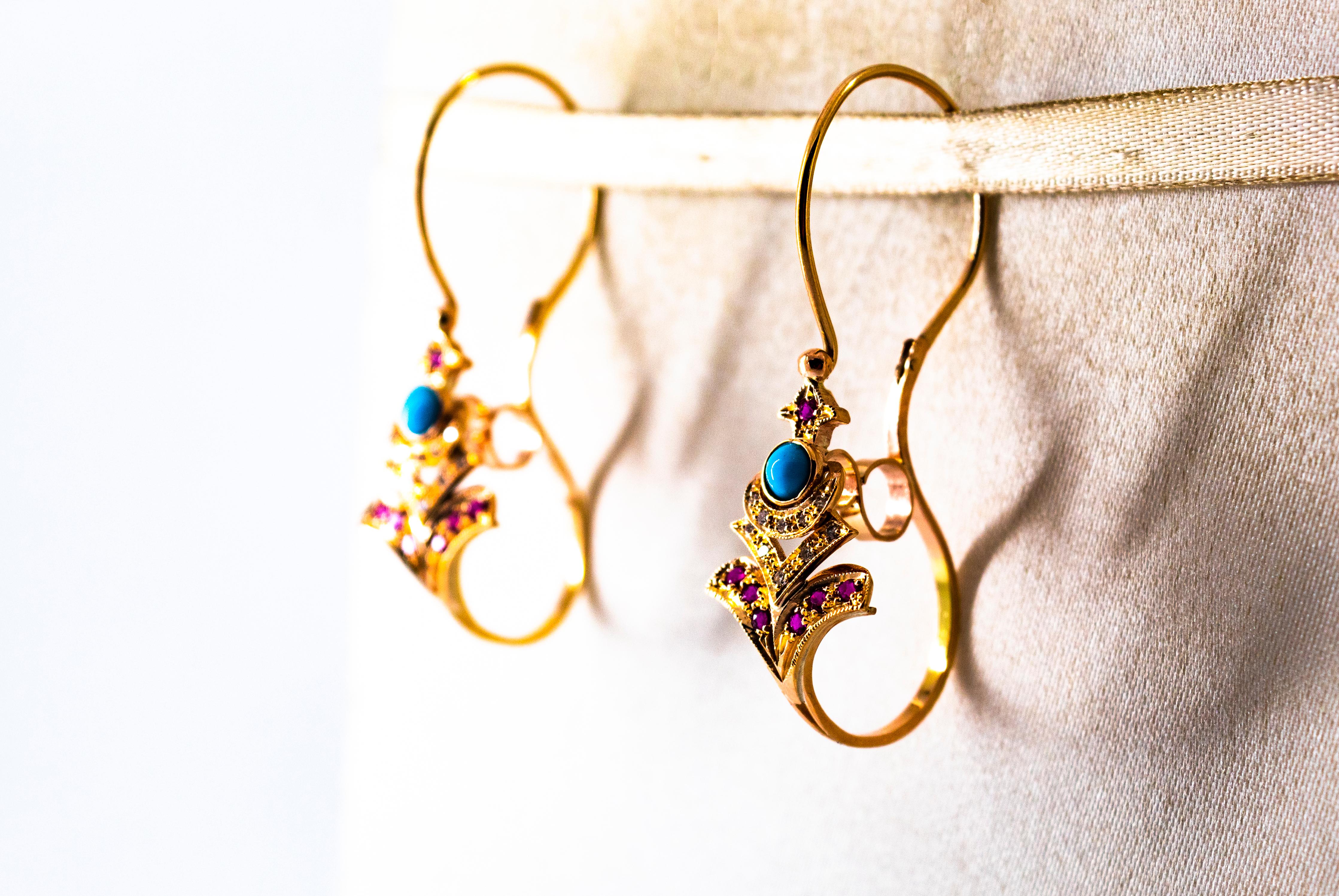 Art Nouveau White Diamond Ruby Turquoise Yellow Gold Lever-Back Drop Earrings im Zustand „Neu“ im Angebot in Naples, IT