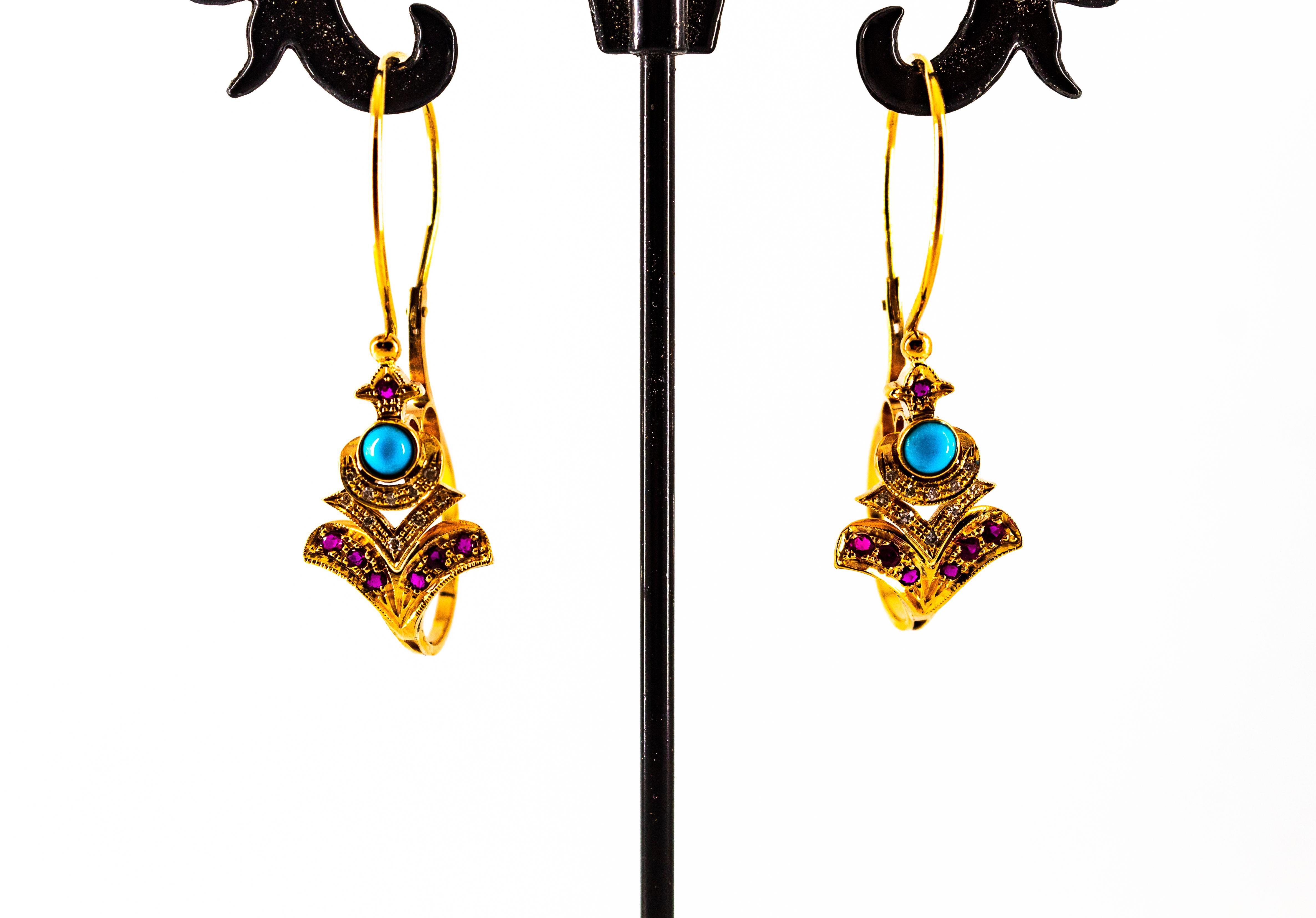 Art Nouveau White Diamond Ruby Turquoise Yellow Gold Lever-Back Drop Earrings For Sale 1