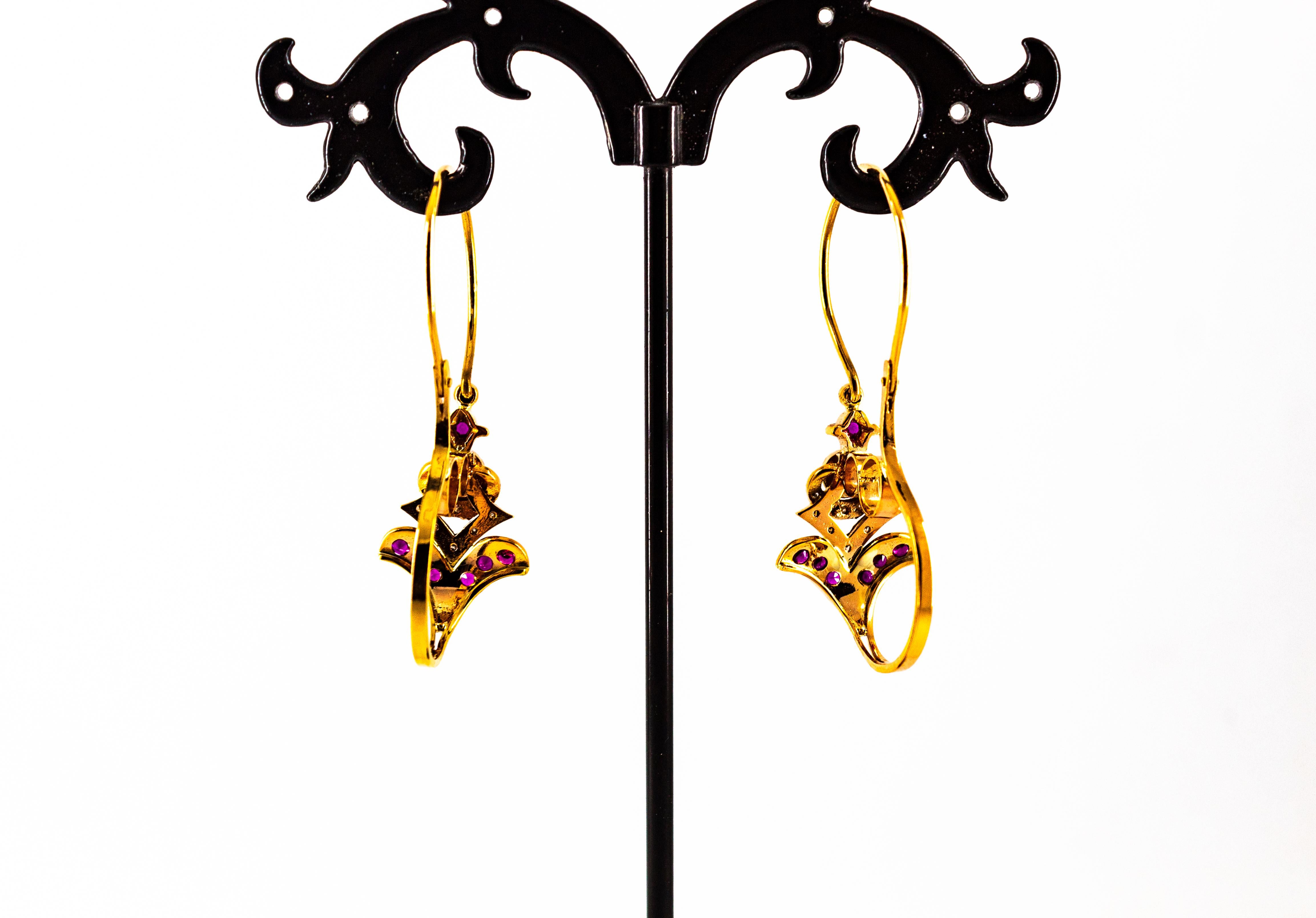 Art Nouveau White Diamond Ruby Turquoise Yellow Gold Lever-Back Drop Earrings For Sale 3