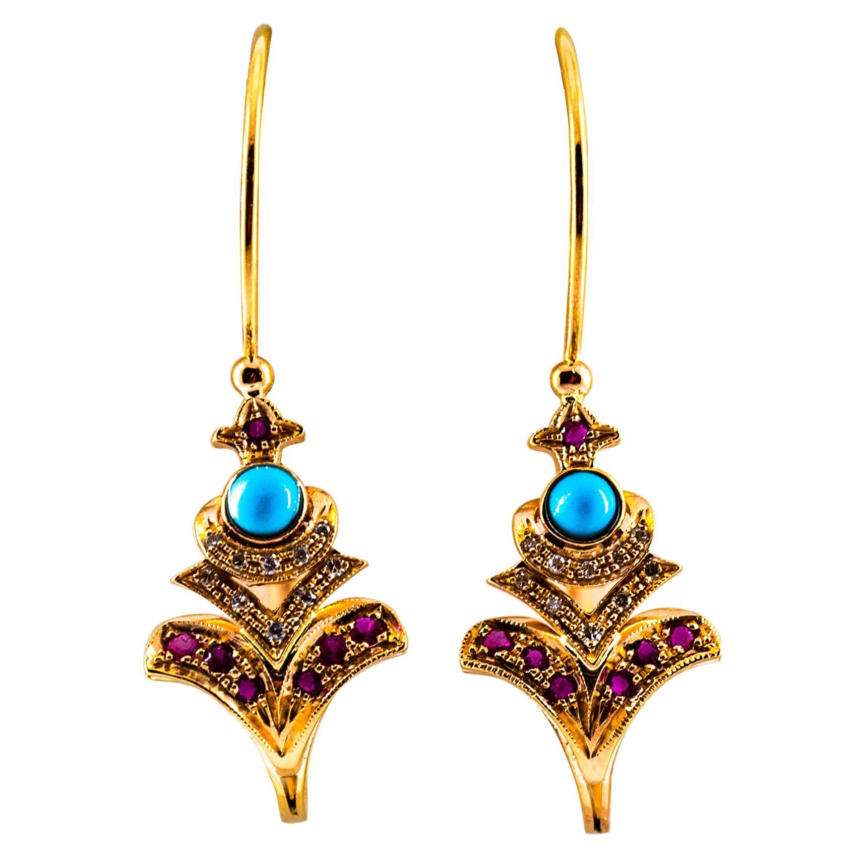 Art Nouveau White Diamond Ruby Turquoise Yellow Gold Lever-Back Drop Earrings
