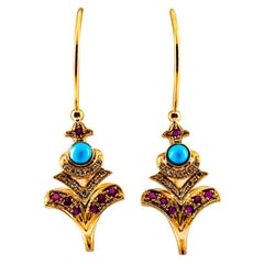 Art Nouveau White Diamond Ruby Turquoise Yellow Gold Lever-Back Drop Earrings