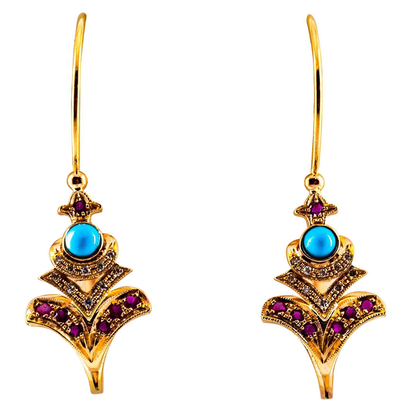 Art Nouveau White Diamond Ruby Turquoise Yellow Gold Lever-Back Drop Earrings For Sale